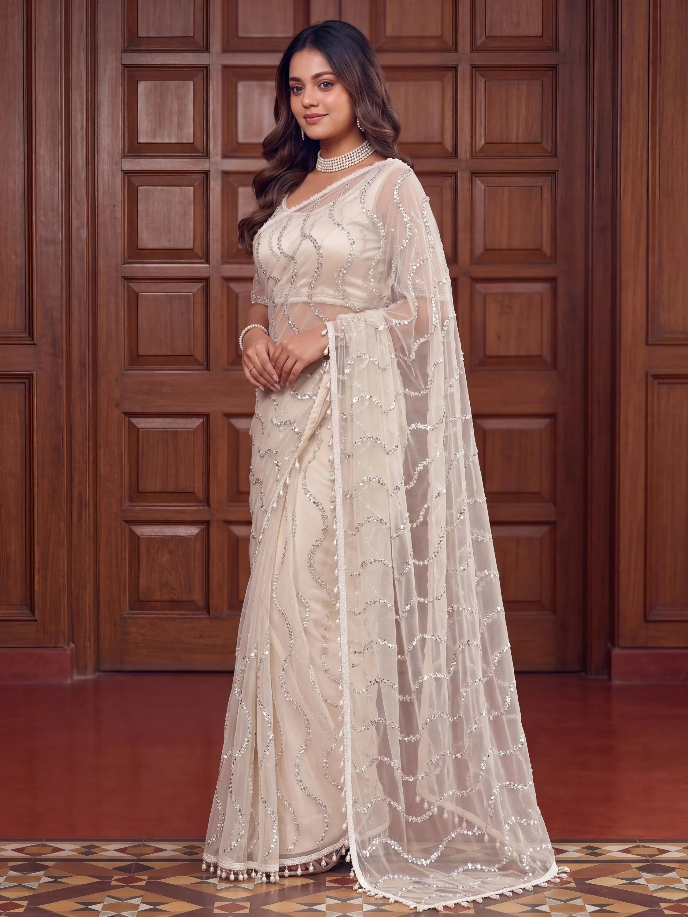 Pretty Off White Peral Work Net Party Wear Saree With Blouse