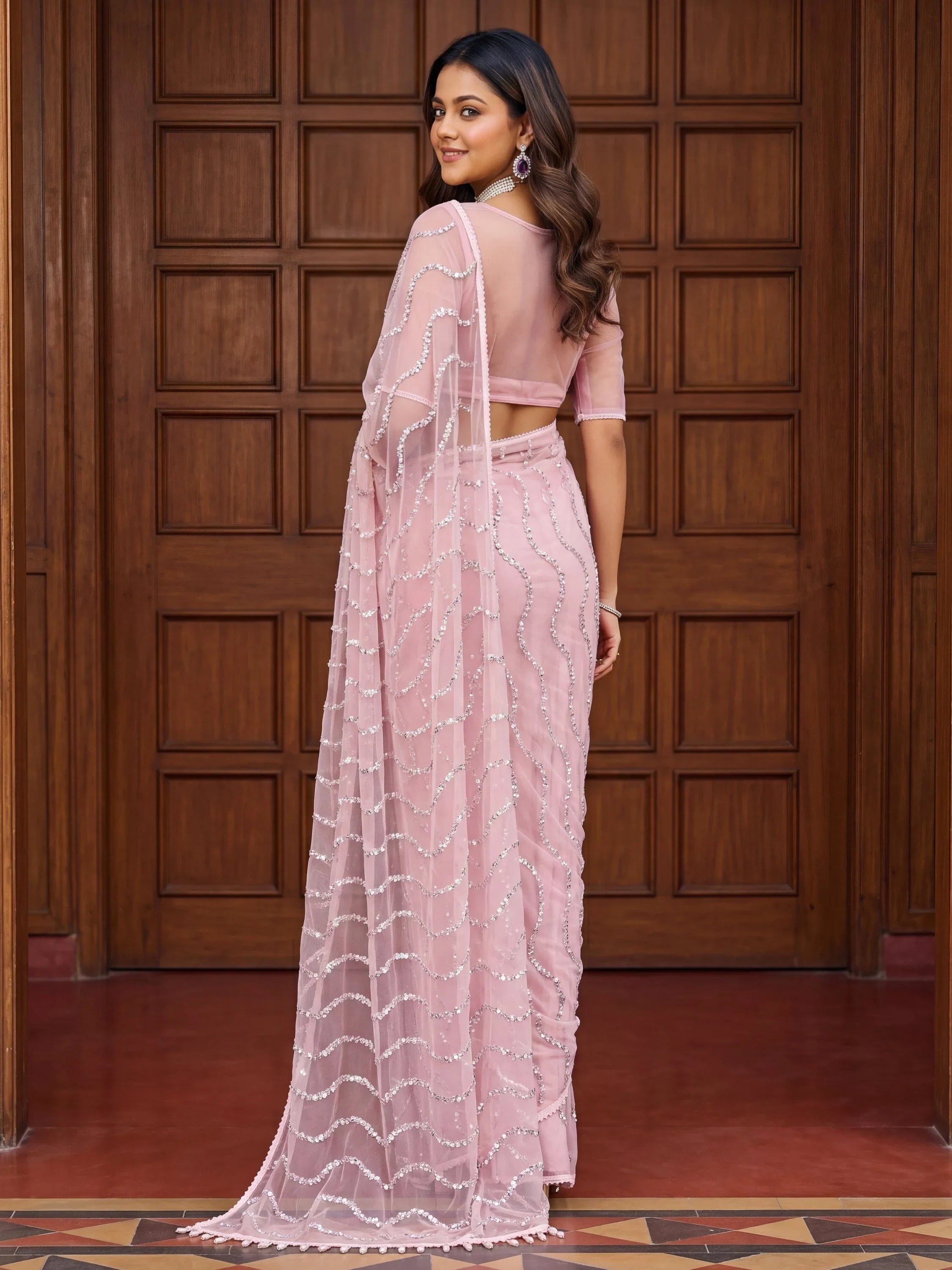 Gorgeous Pink Bead Work Net Engagement Wear Saree With Blouse