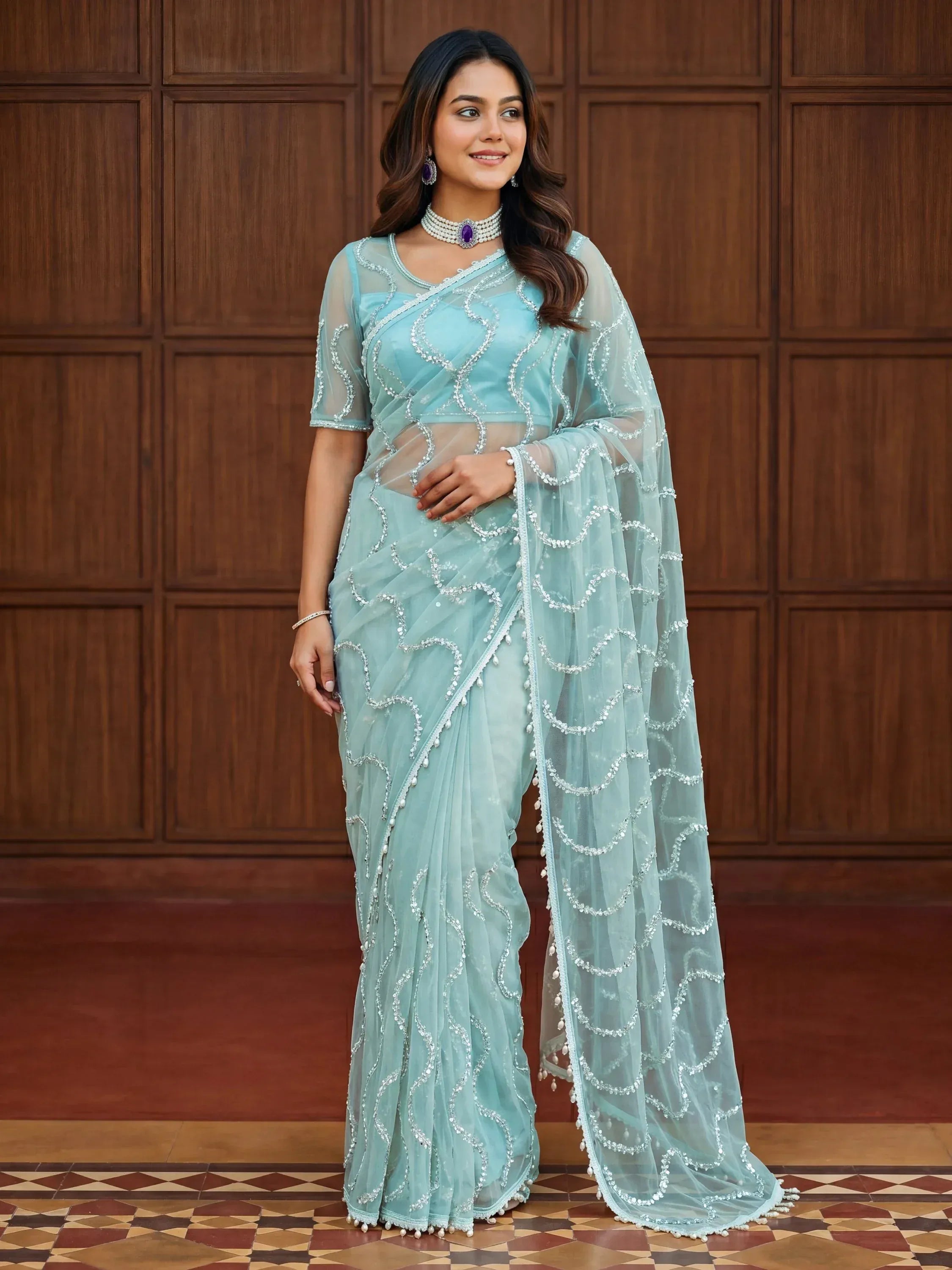 Wonderful Sky Blue Sequins Net Party Wear Saree With Blouse