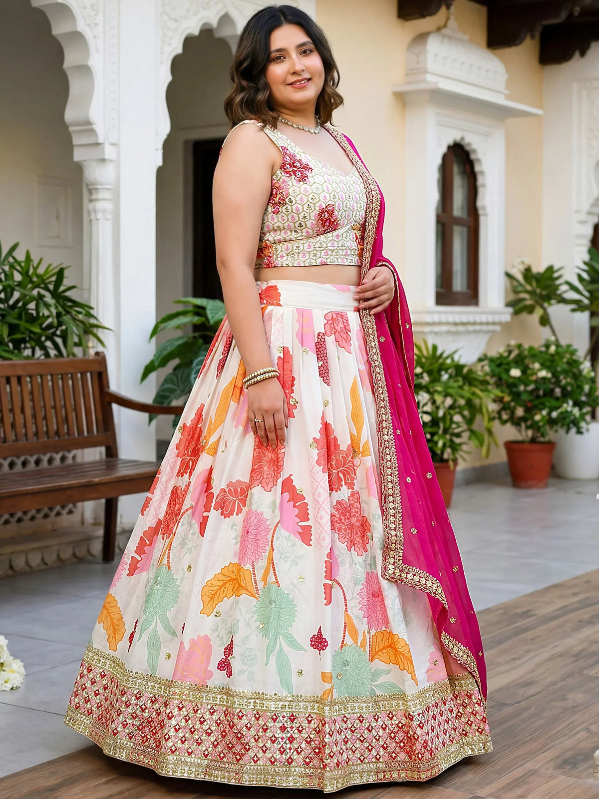 Alluring Off-White Embroidered Silk Bridesmaid Plus Size Lehenga Choli