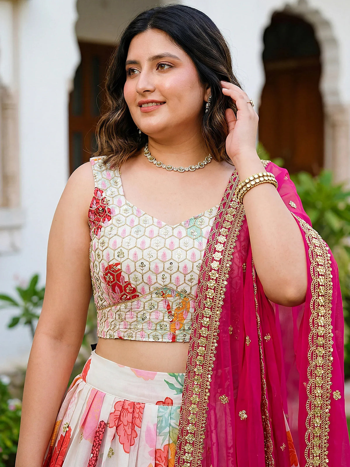 Alluring Off-White Embroidered Silk Bridesmaid Plus Size Lehenga Choli