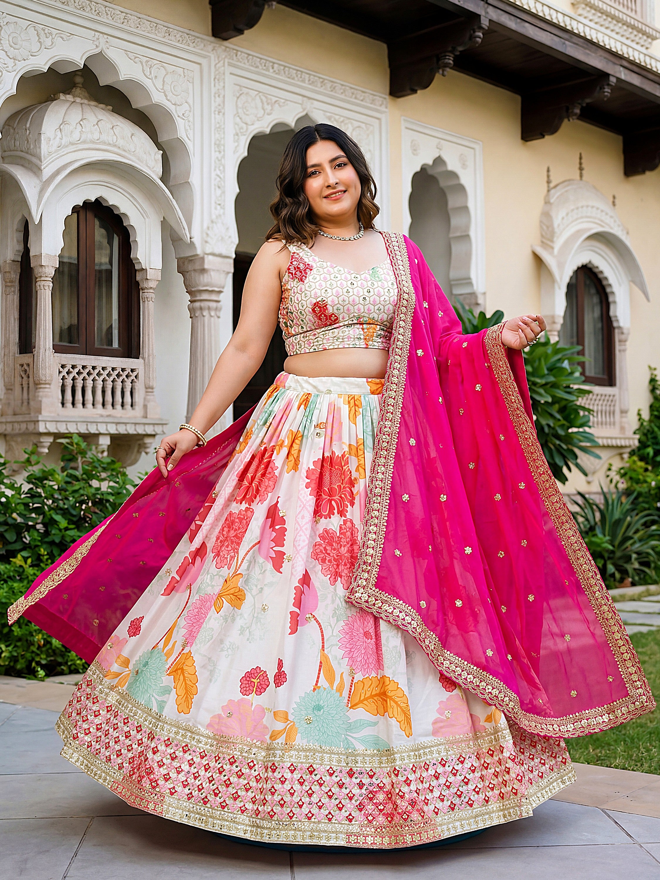 Alluring Off-White Embroidered Silk Bridesmaid Plus Size Lehenga Choli