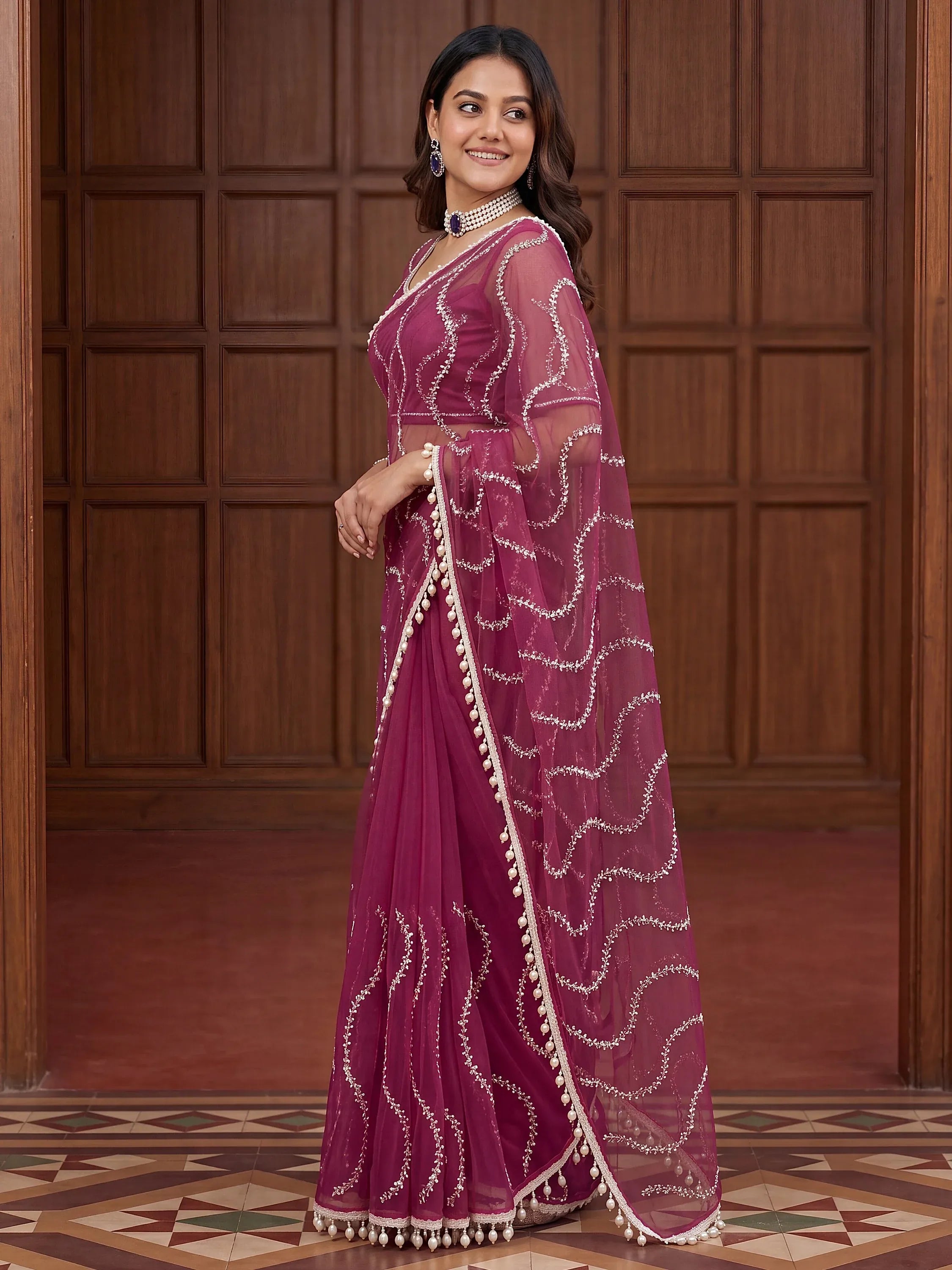 Attractive Rani Pink Bead Work Net Reception Wear Saree With Blouse