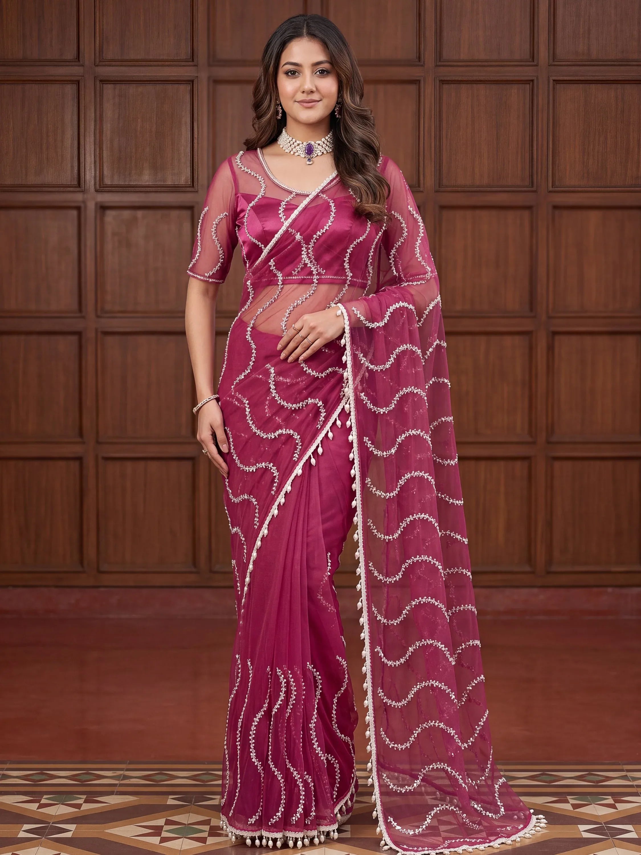 Attractive Rani Pink Bead Work Net Reception Wear Saree With Blouse