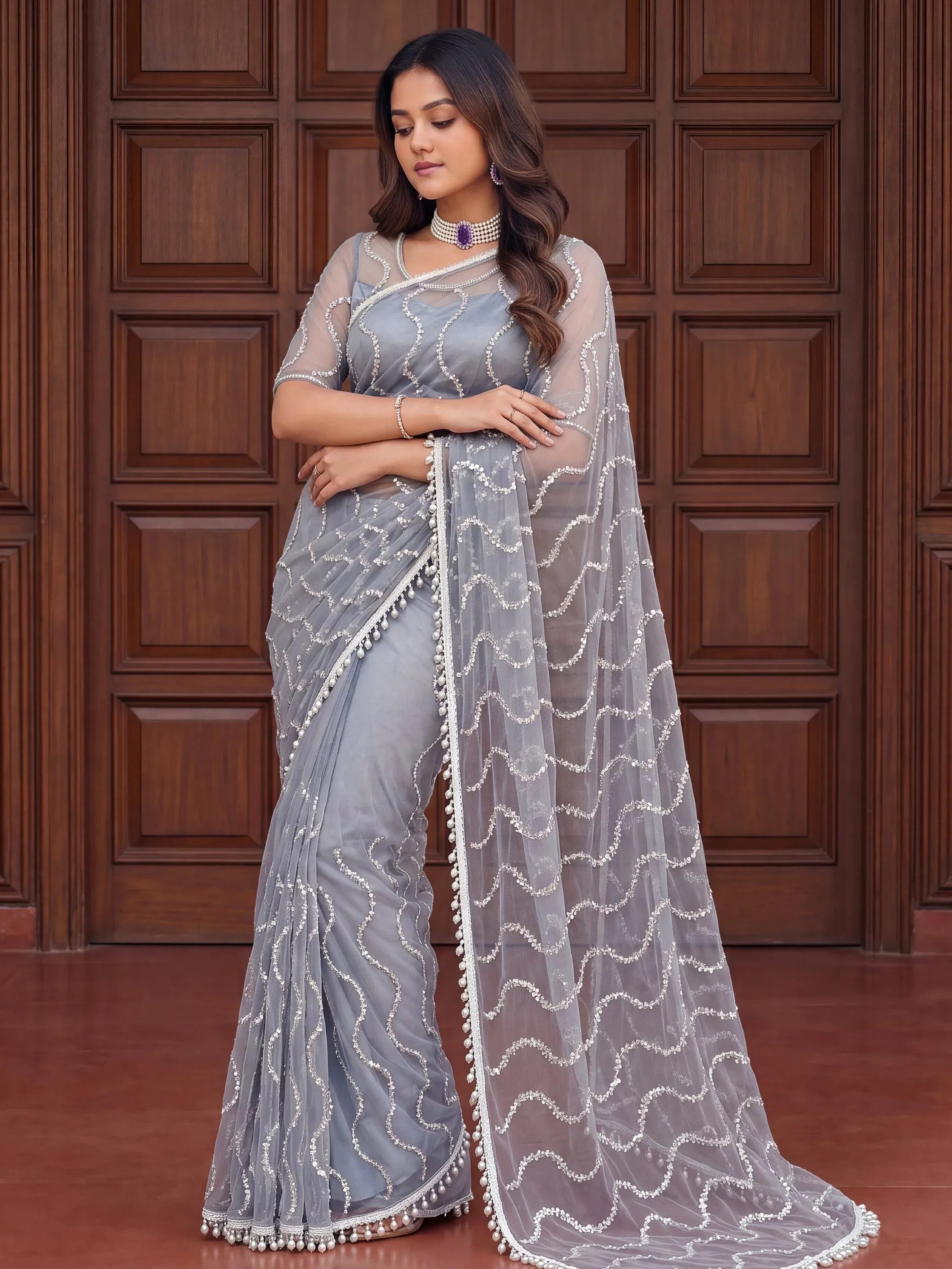 Magnetic Grey Sequins Net Engagement Wear Saree With Blouse