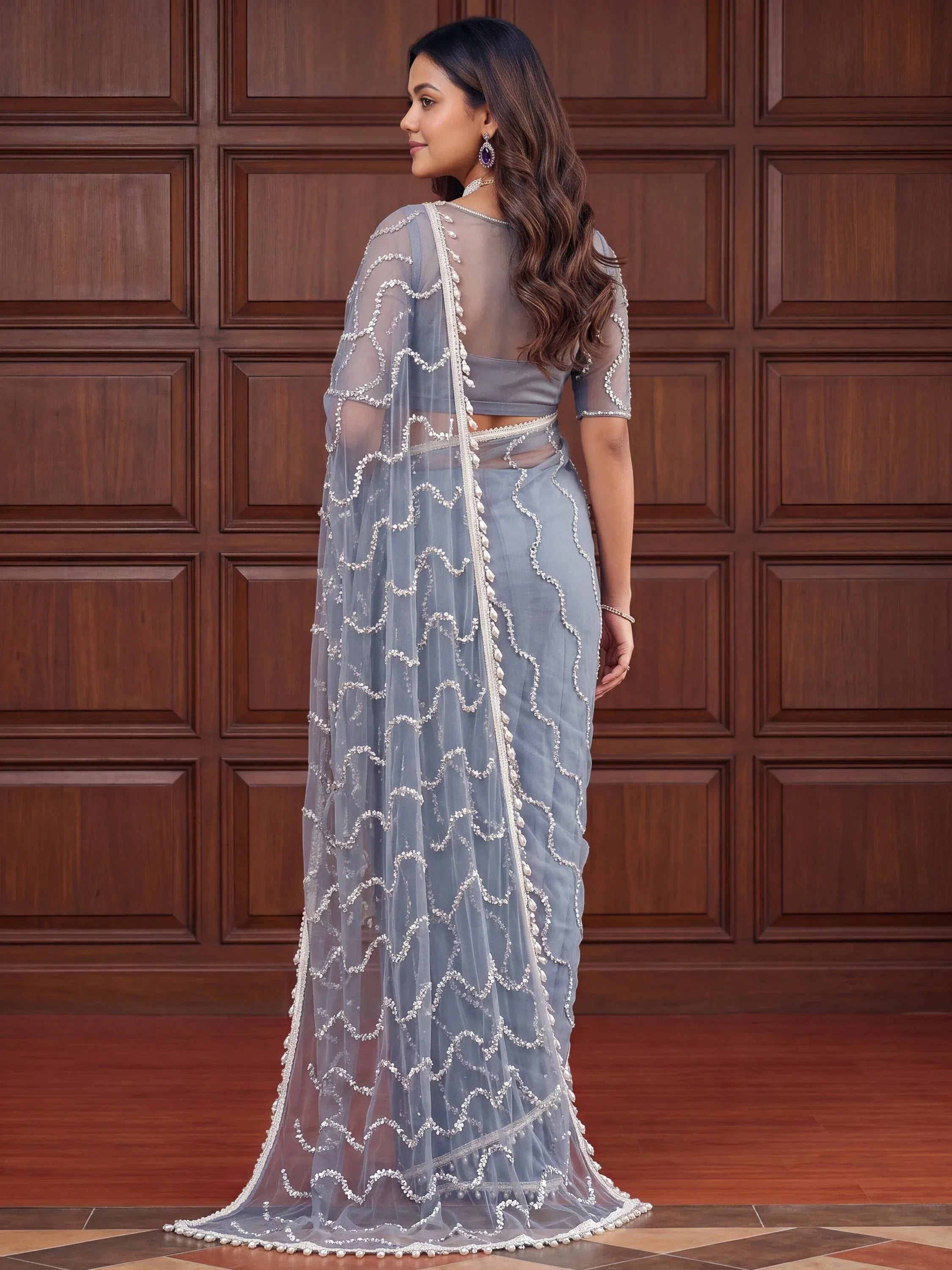 Magnetic Grey Sequins Net Engagement Wear Saree With Blouse