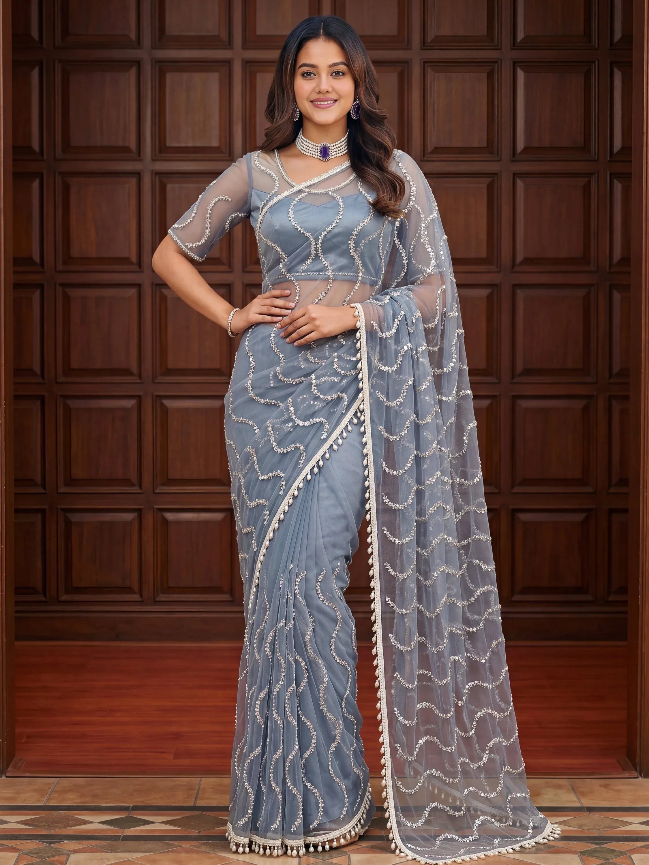 Magnetic Grey Sequins Net Engagement Wear Saree With Blouse