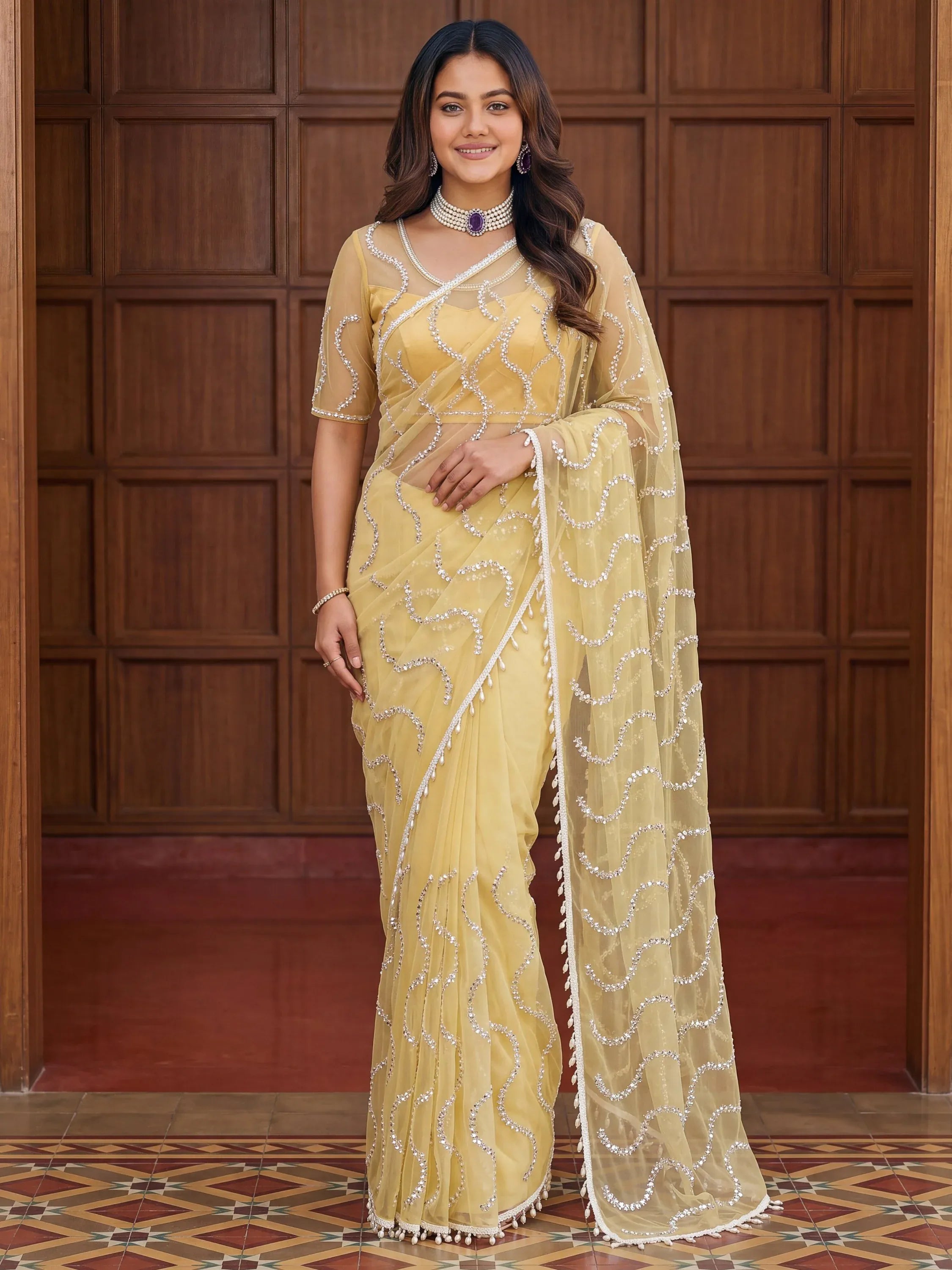 Timeless Yellow Bead Embroidery Net Event Wear Saree With Blouse
