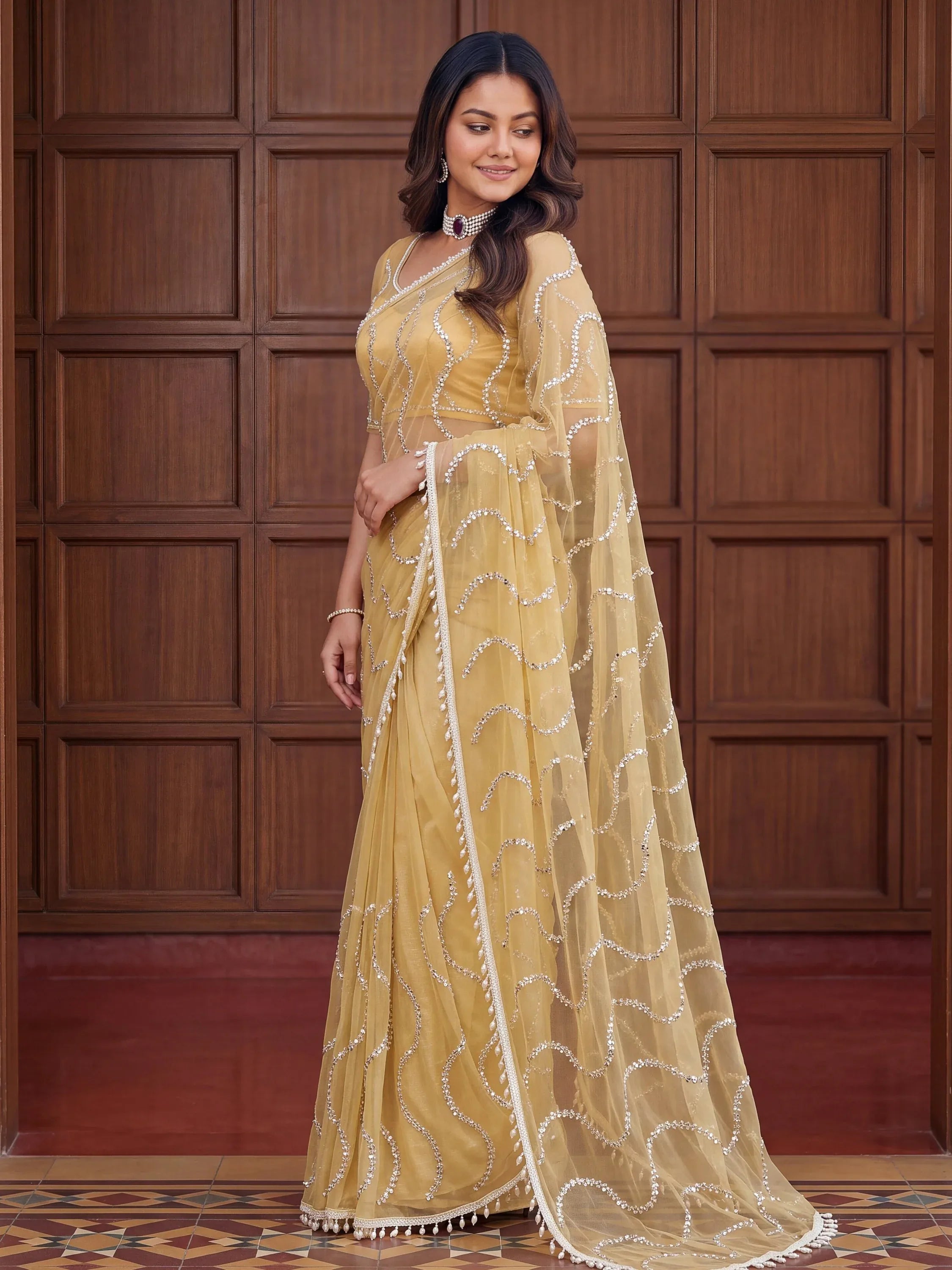 Timeless Yellow Bead Embroidery Net Event Wear Saree With Blouse