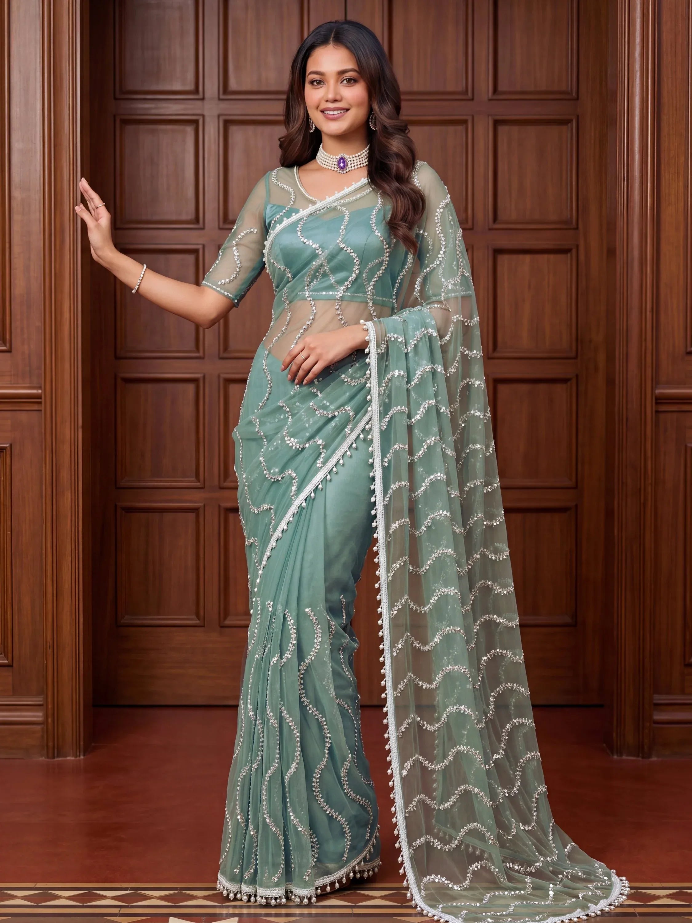 Classic Sky Blue Pearl Work Net Designer Saree With Blouse
