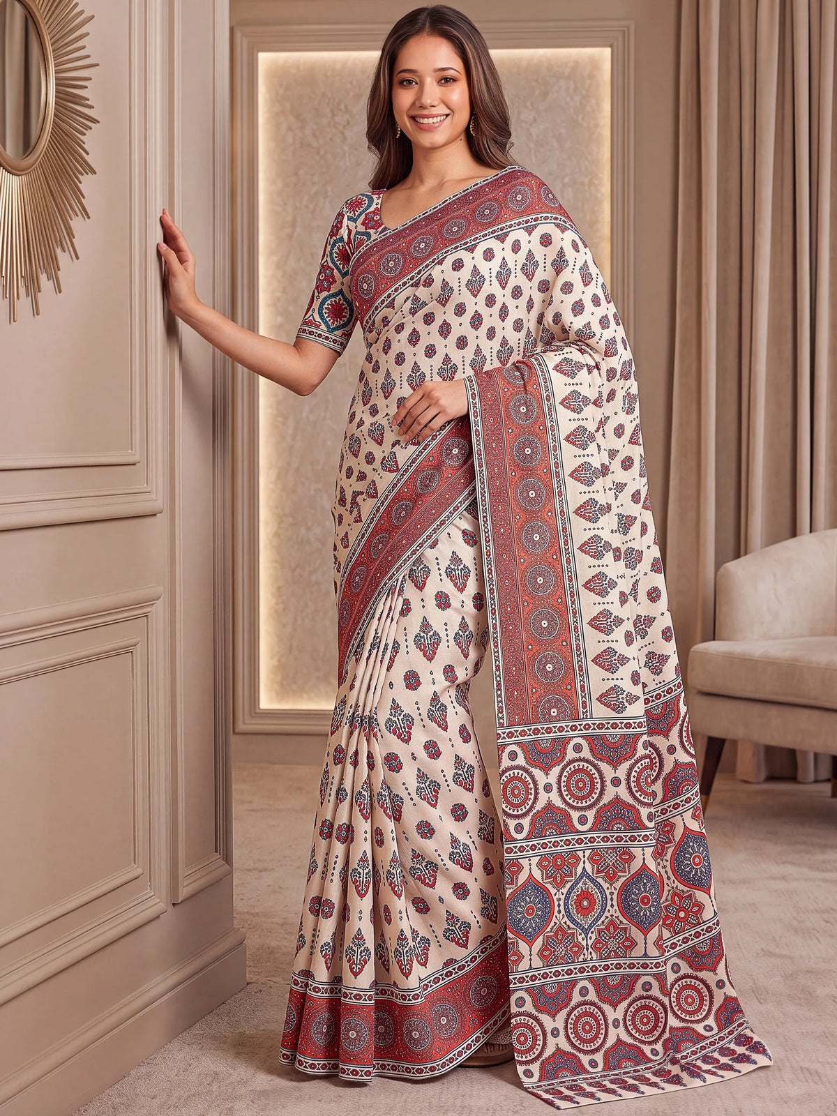 Wondrous White Ajarak Printed Crepe Festive Wear Saree With Blouse