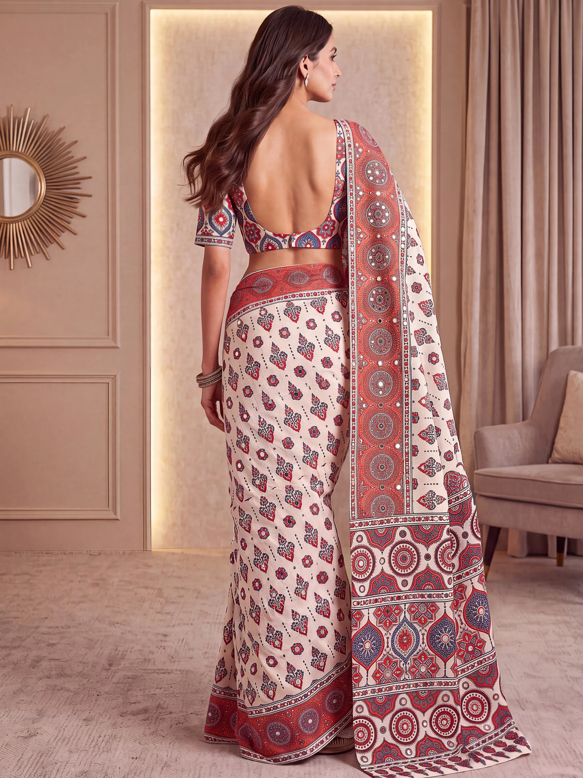 Wondrous White Ajarak Printed Crepe Festive Wear Saree With Blouse