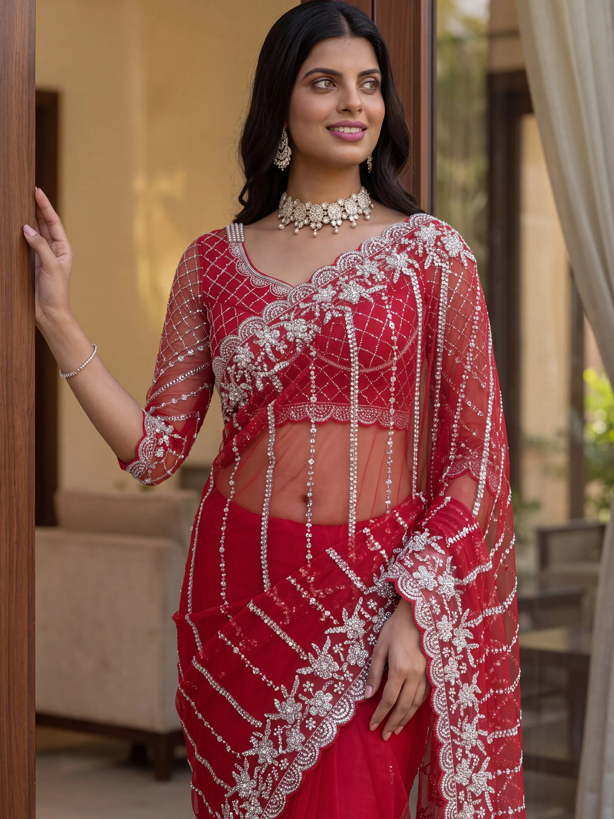 Noteworthy Red Bead Work Net Bridal Saree With Blouse