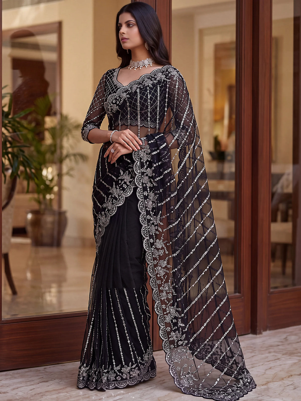 Breathtaking Black Bead Work Net Party Wear Saree With Blouse