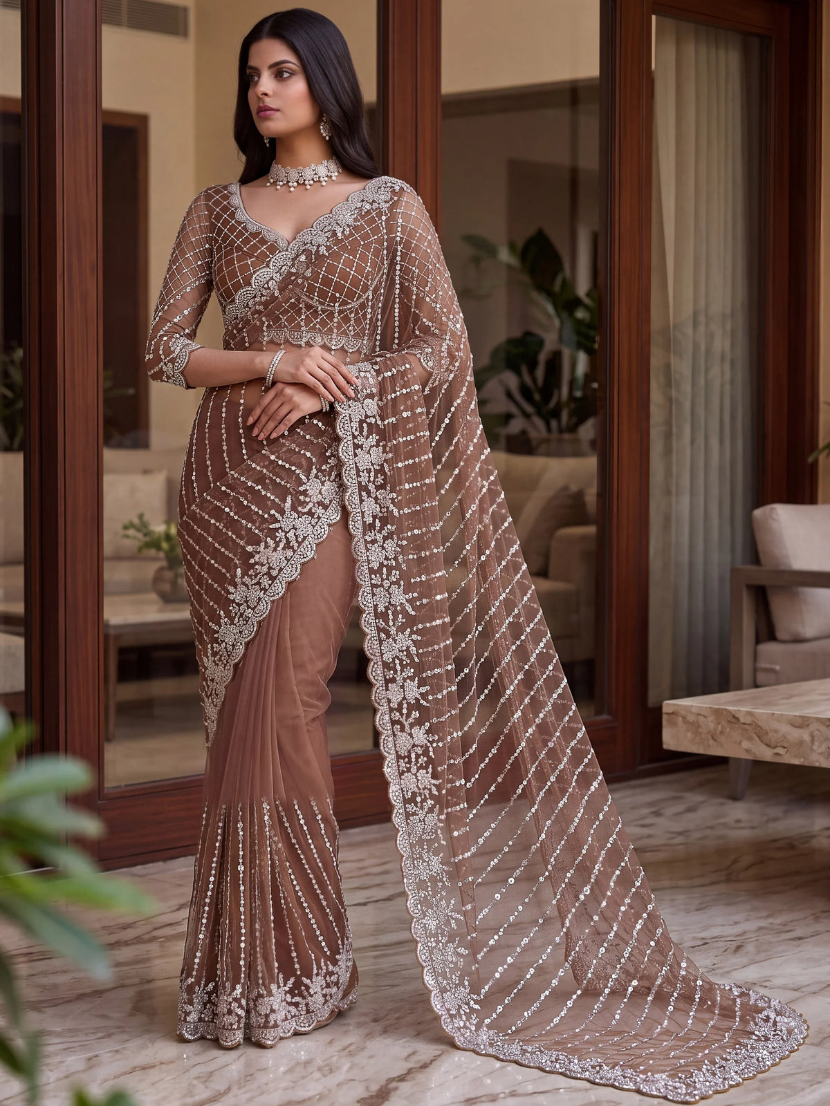 Stupendous Brown Pearl Work Net Wedding Wear Saree With Blouse
