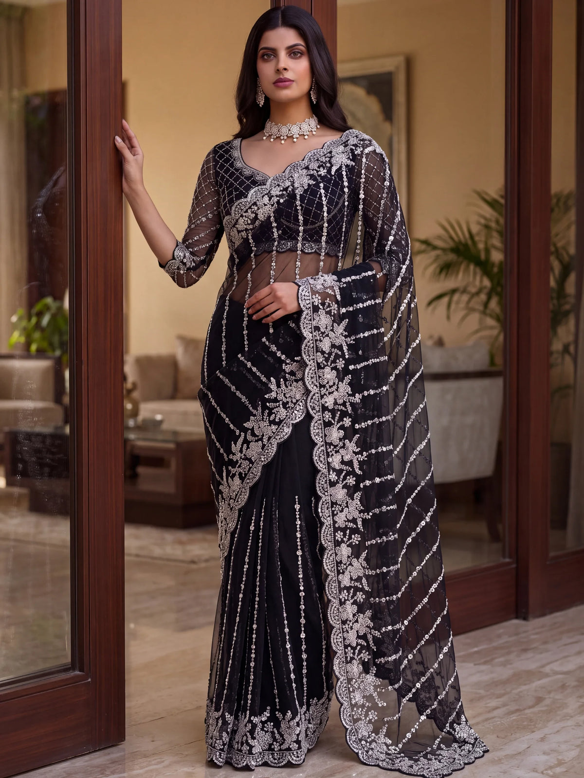 Breathtaking Black Bead Work Net Party Wear Saree With Blouse