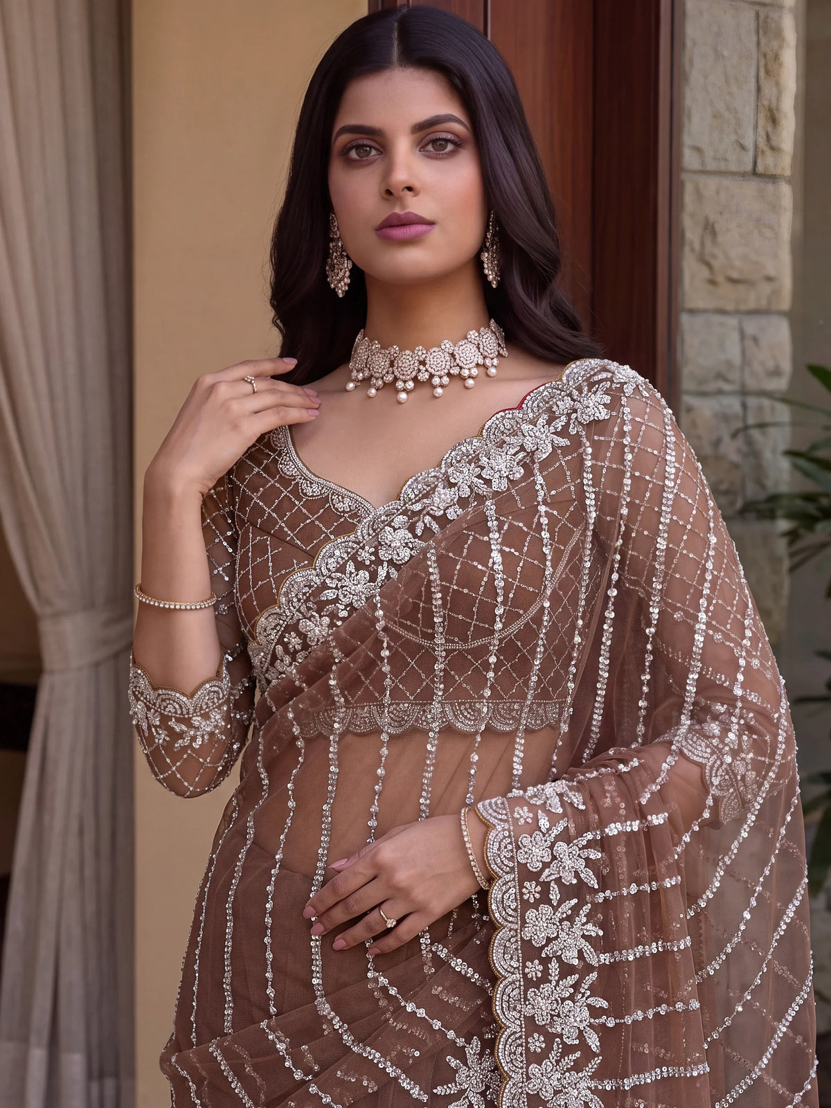 Stupendous Brown Pearl Work Net Wedding Wear Saree With Blouse