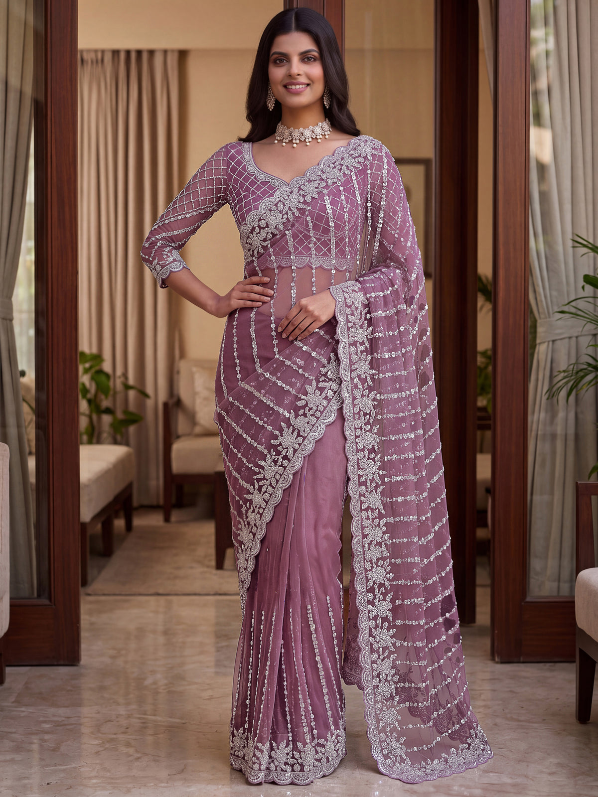 Fantastic Mauve Pearl Work Net Engagement Wear Saree With Blouse