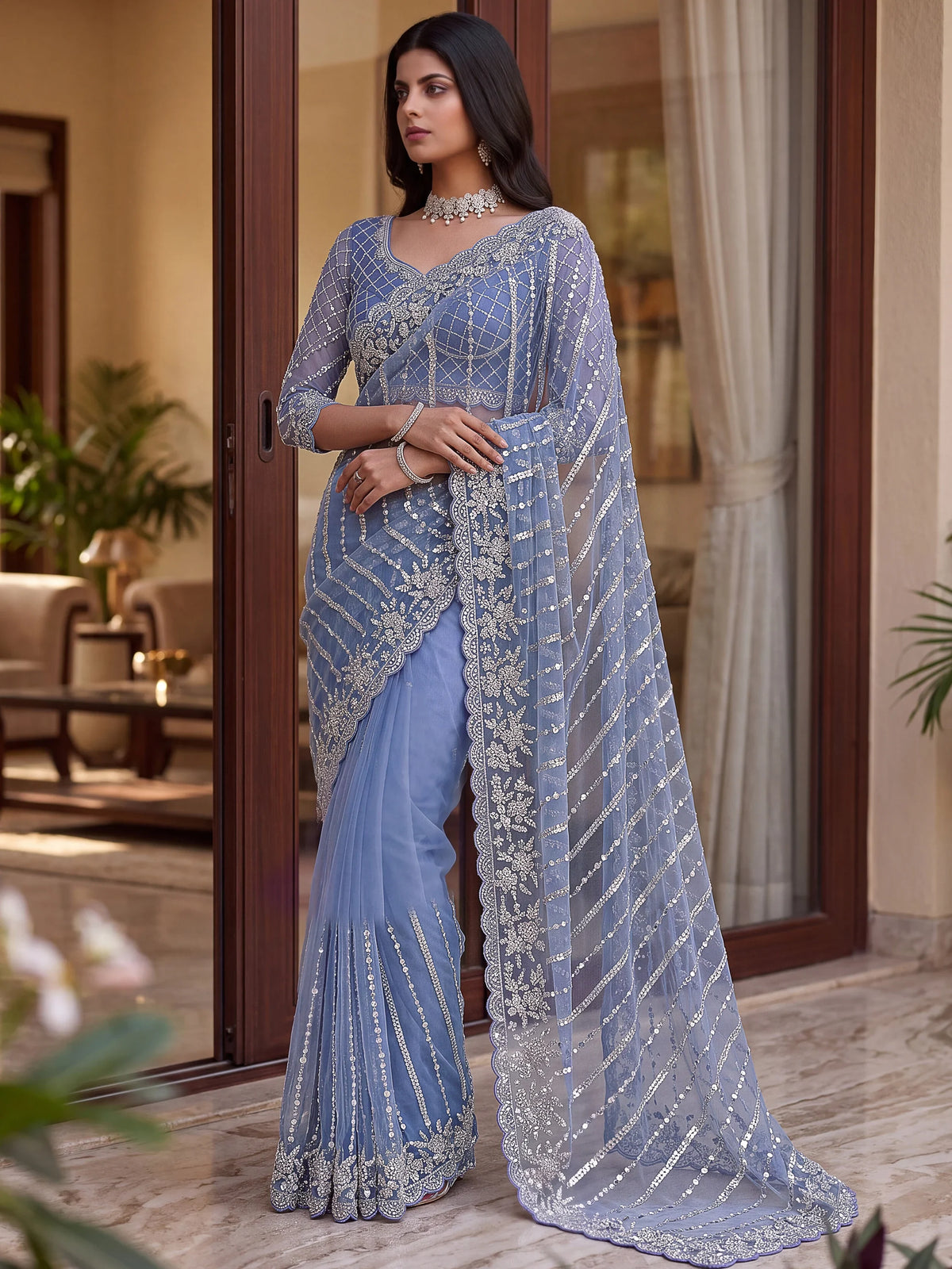 Charming Lavender Bead Work Net Reception Wear Saree With Blouse