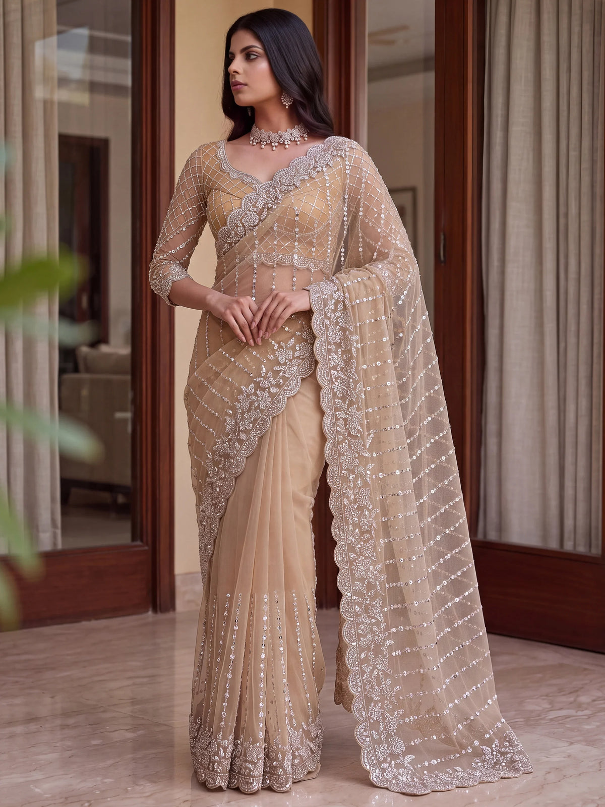 Mesmerizing Cream Sequins Net Evening Wear Saree With Blouse