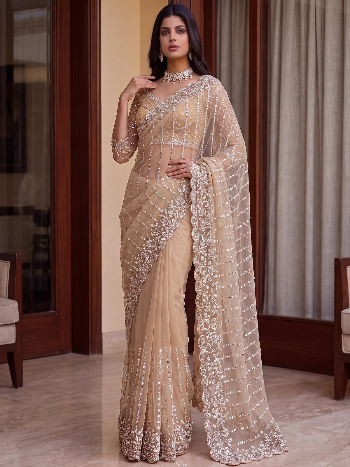 Mesmerizing Cream Sequins Net Evening Wear Saree With Blouse