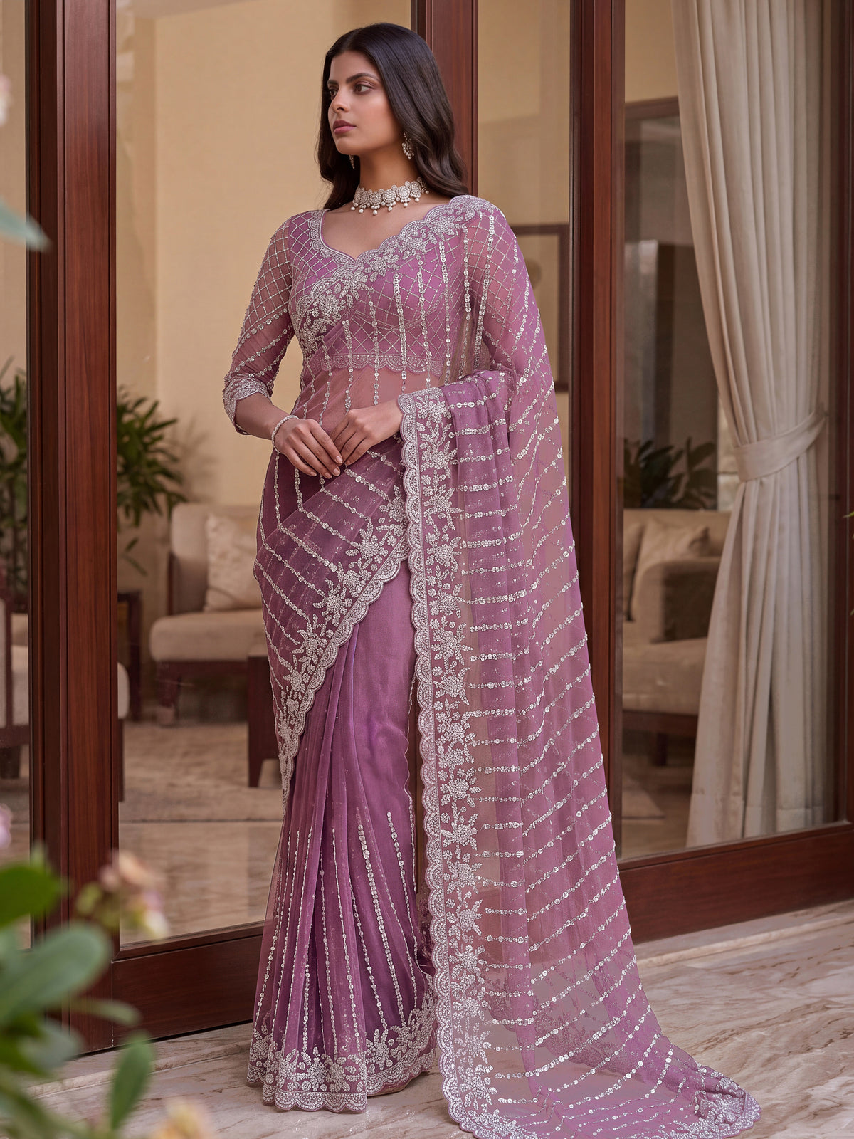 Fantastic Mauve Pearl Work Net Engagement Wear Saree With Blouse