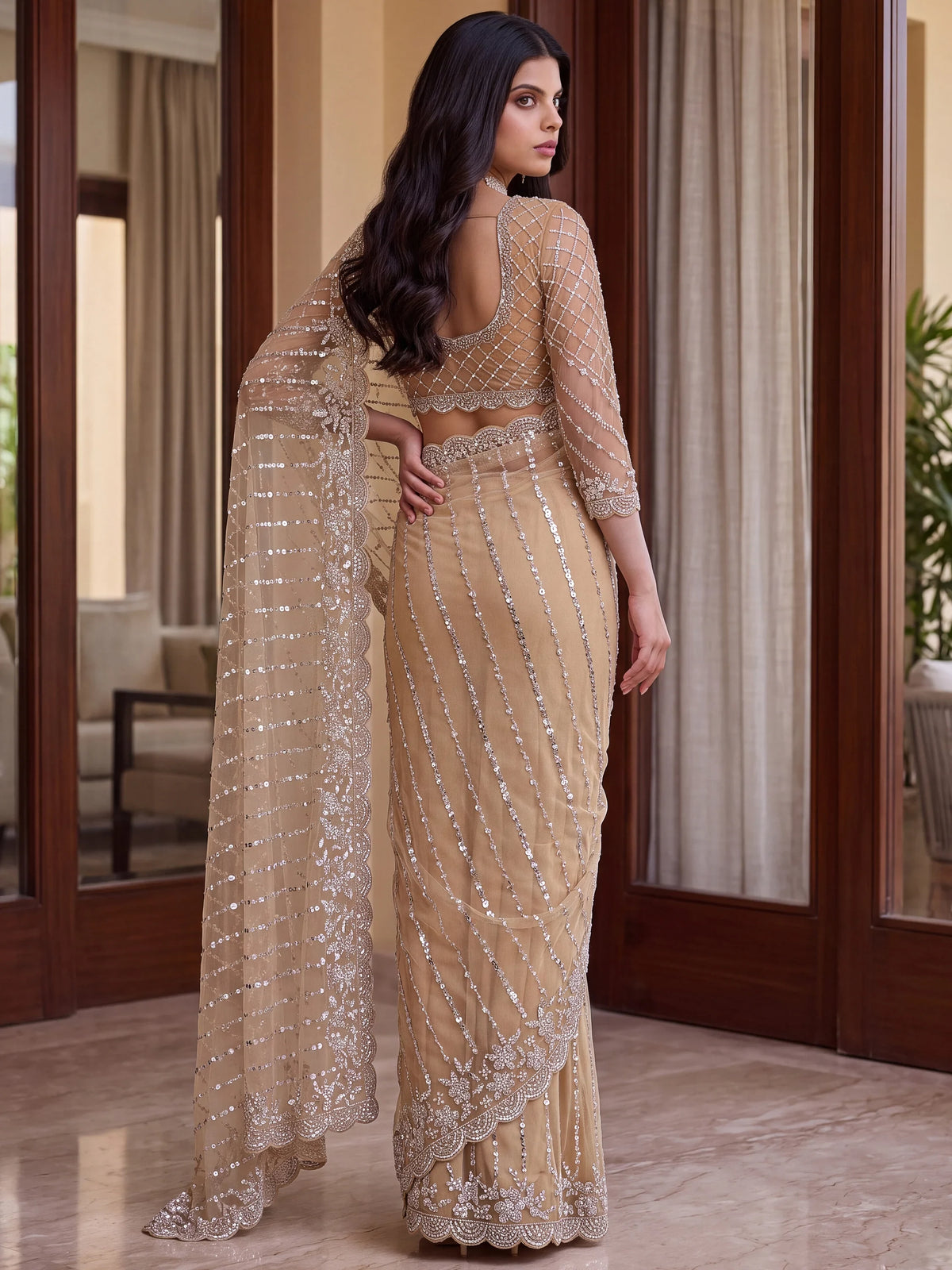 Mesmerizing Cream Sequins Net Evening Wear Saree With Blouse