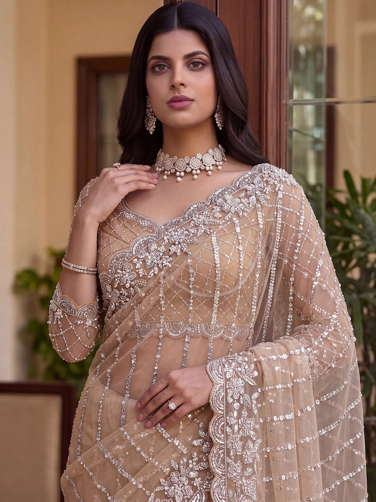 Mesmerizing Cream Sequins Net Evening Wear Saree With Blouse