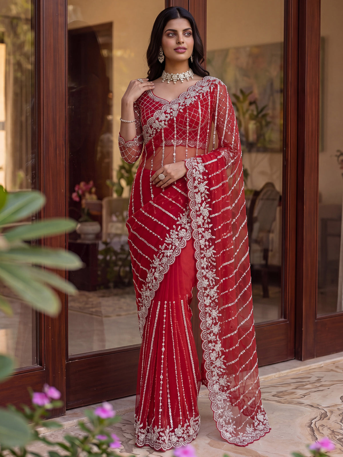 Noteworthy Red Bead Work Net Bridal Saree With Blouse