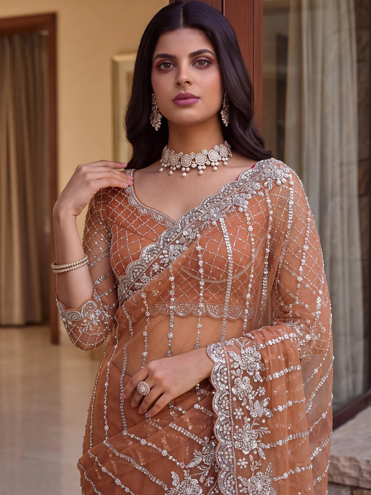 Marvelous Peach Sequins Net Traditional Saree With Blouse
