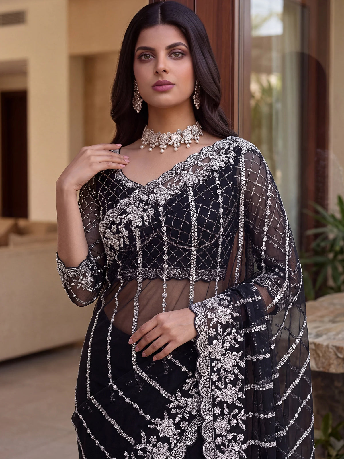 Breathtaking Black Bead Work Net Party Wear Saree With Blouse