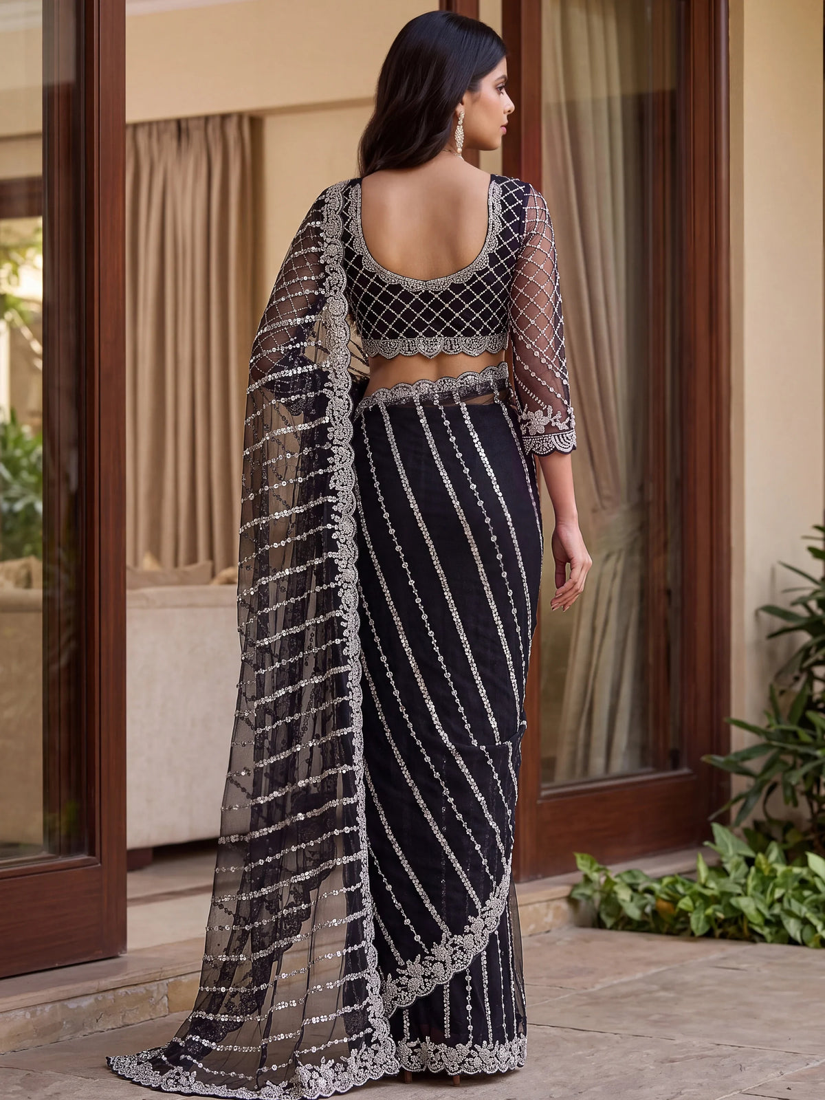 Breathtaking Black Bead Work Net Party Wear Saree With Blouse