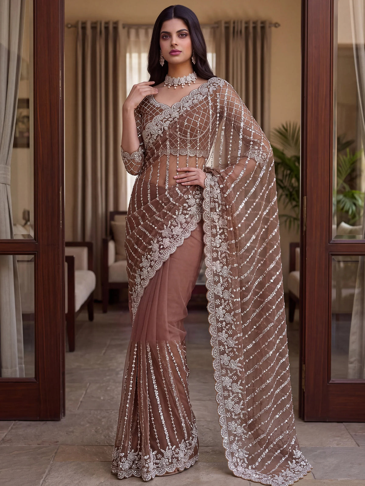 Stupendous Brown Pearl Work Net Wedding Wear Saree With Blouse