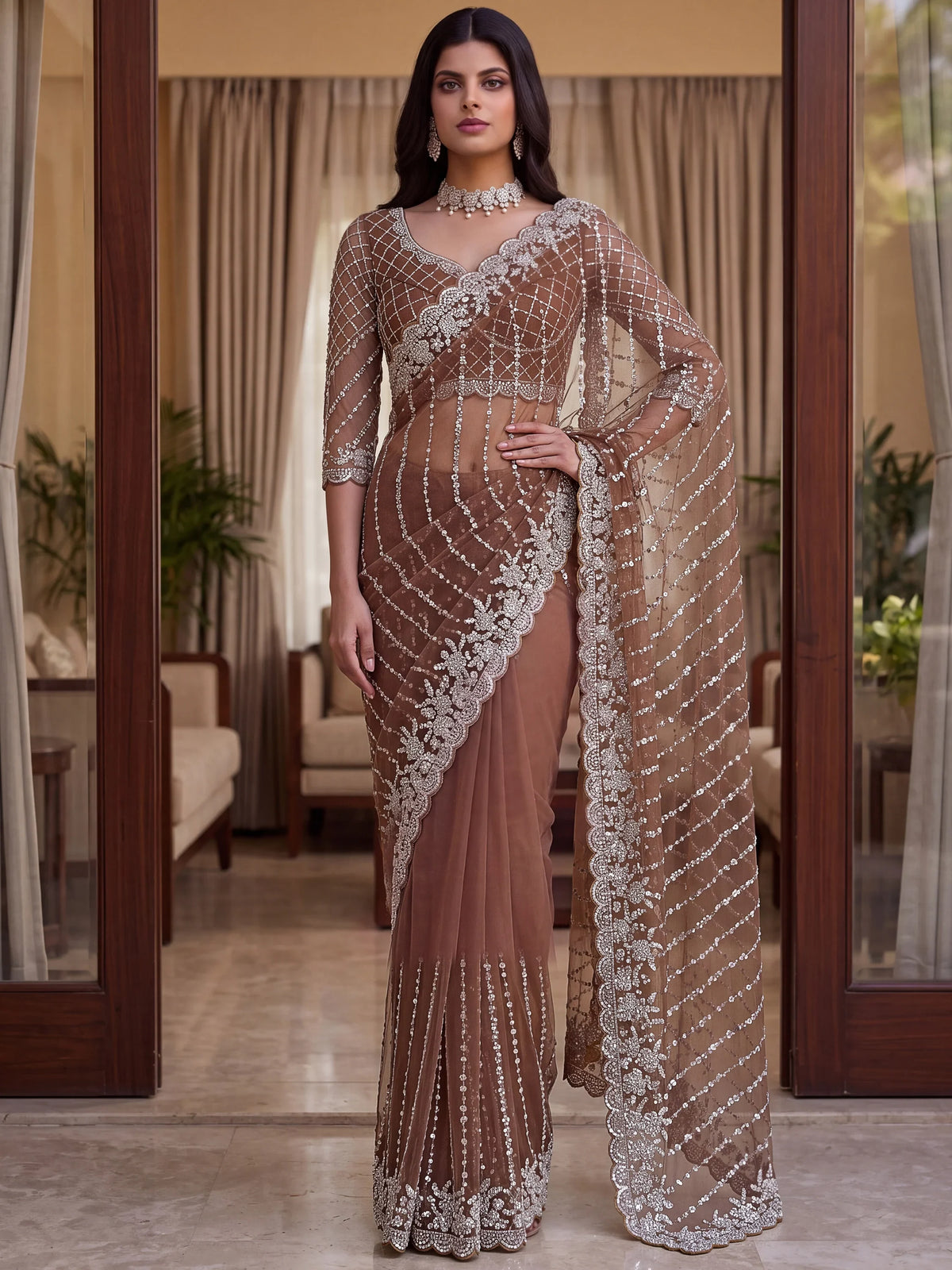 Stupendous Brown Pearl Work Net Wedding Wear Saree With Blouse