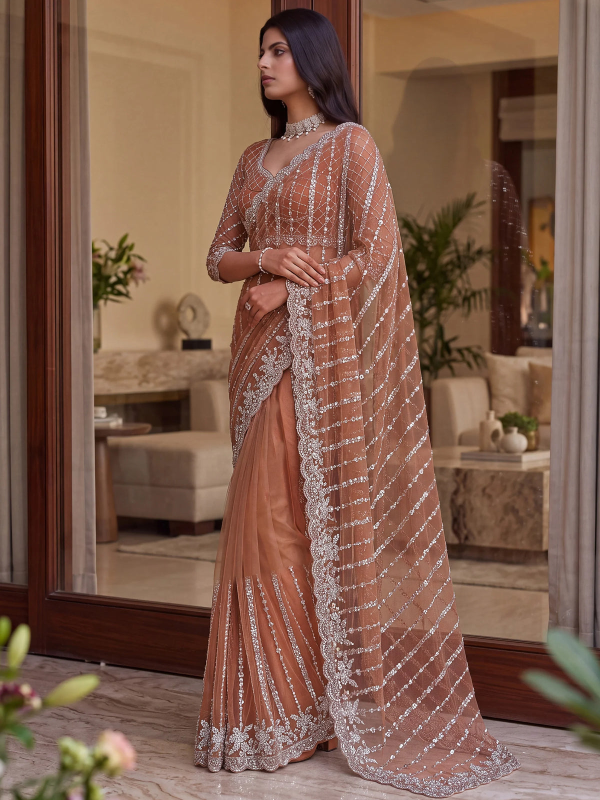 Marvelous Peach Sequins Net Traditional Saree With Blouse