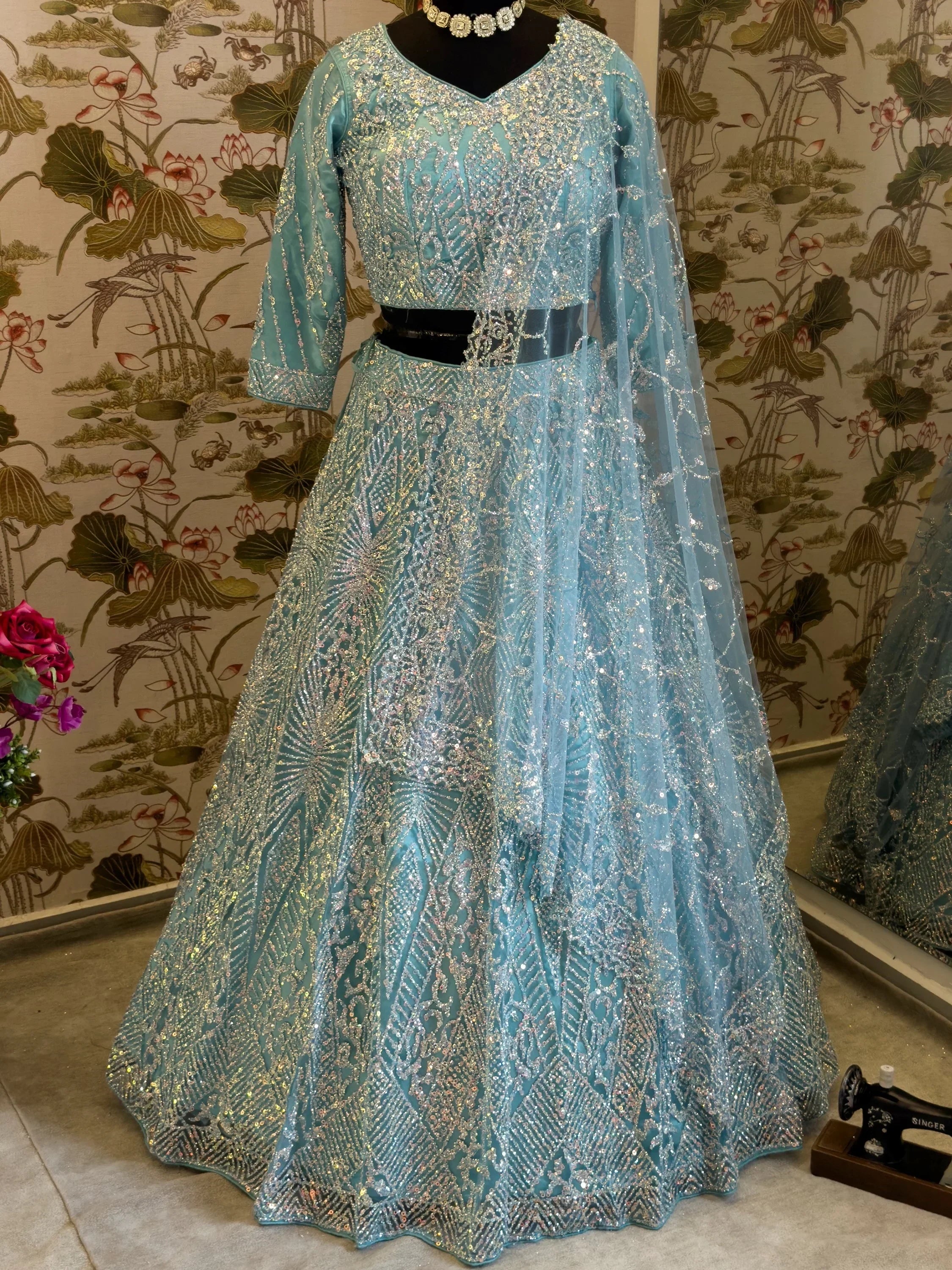 Fabulous Sky-Blue Zarkan Work Net Cocktail Lehenga Choli With Dupatta