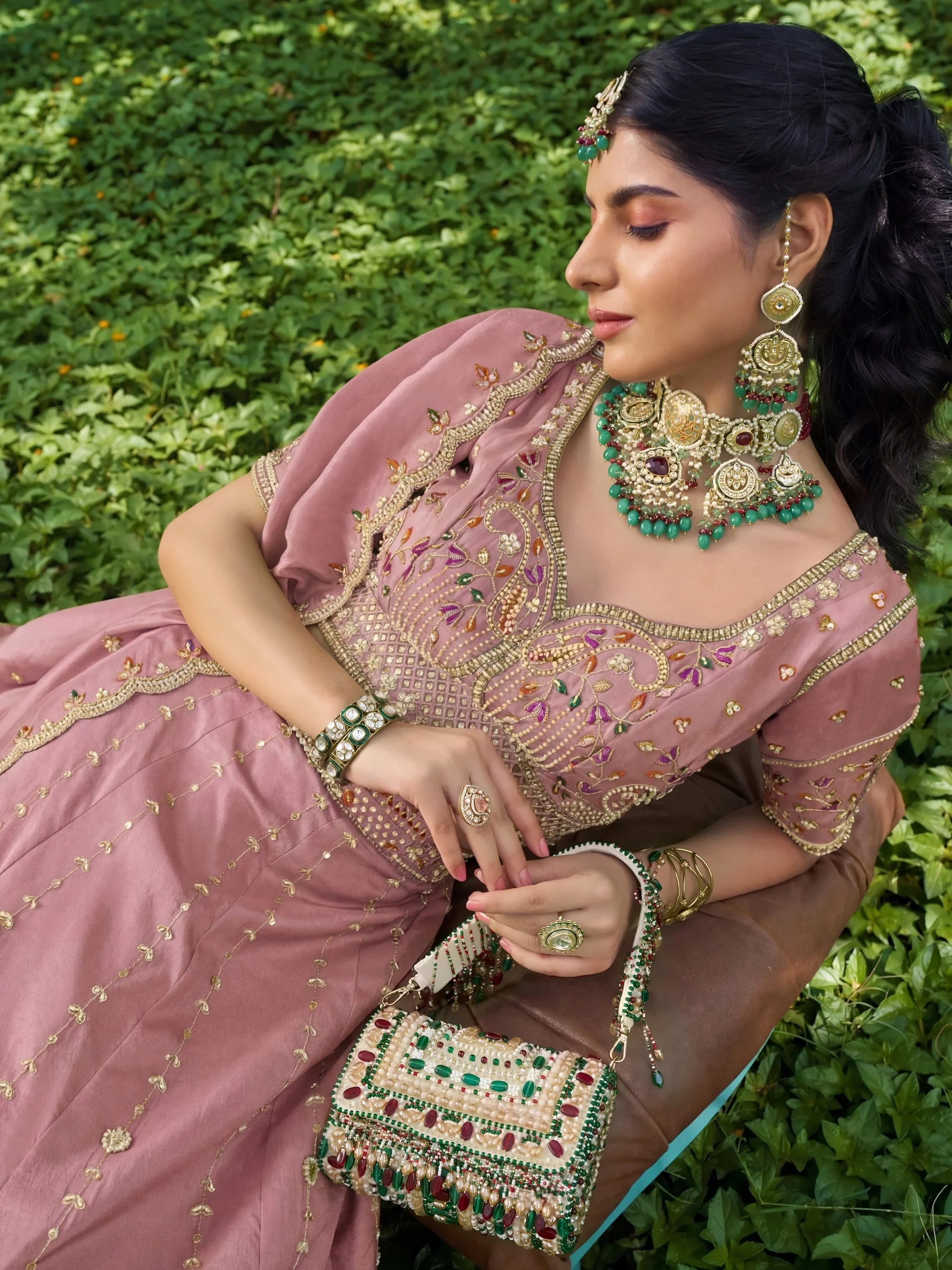 Pretty Dusty Pink Embroidered Silk Engagement Wear Lehenga With Blouse
