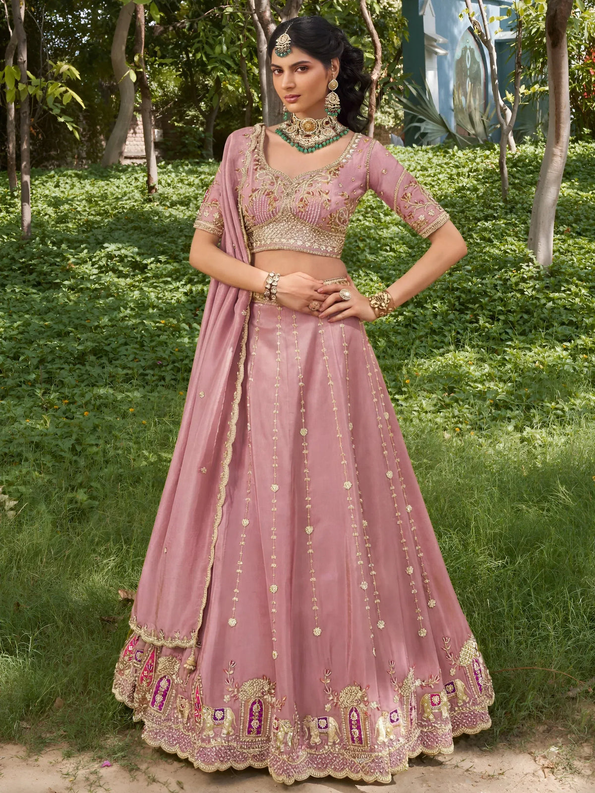 Pretty Dusty Pink Embroidered Silk Engagement Wear Lehenga With Blouse