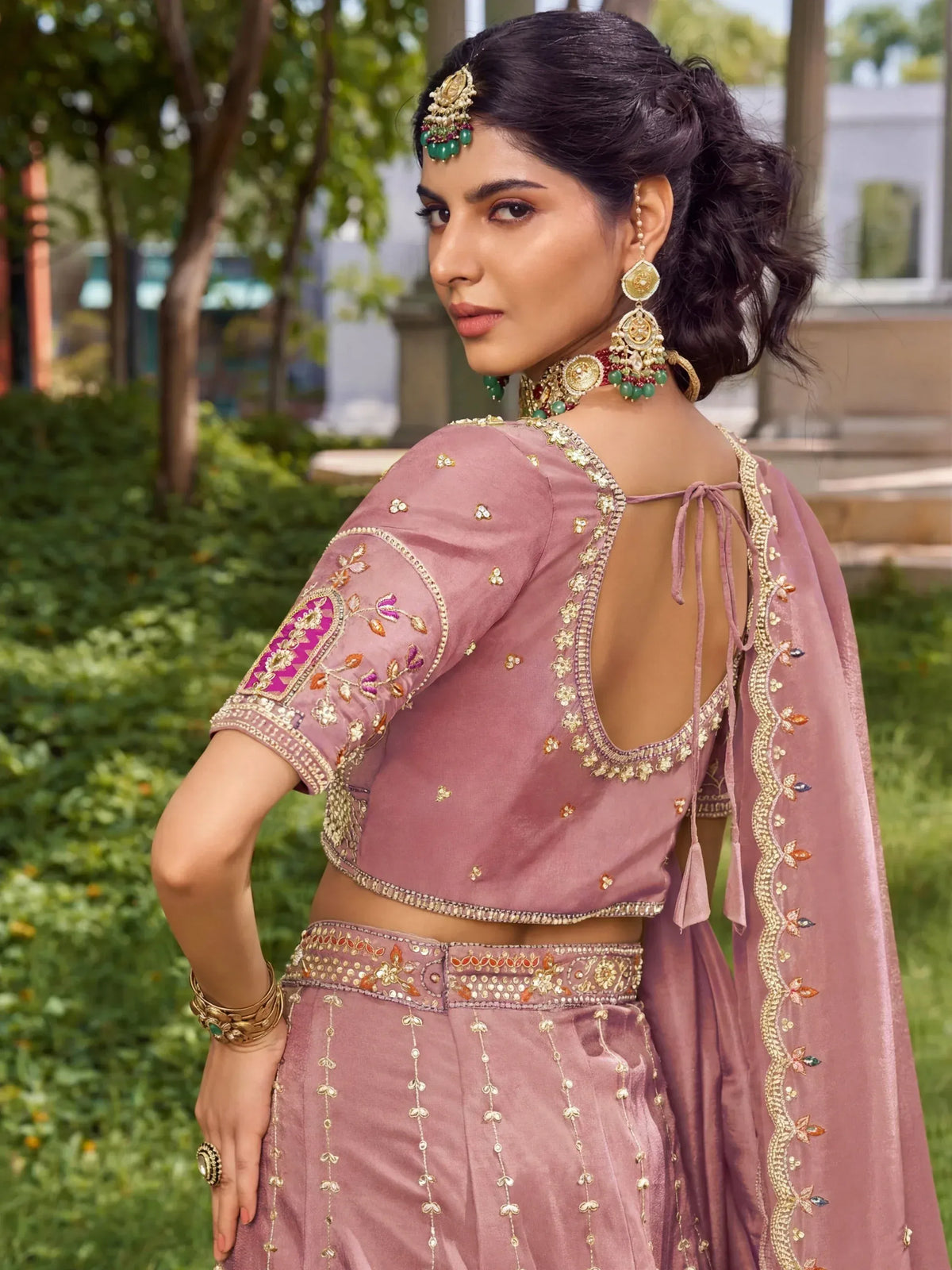 Pretty Dusty Pink Embroidered Silk Engagement Wear Lehenga With Blouse