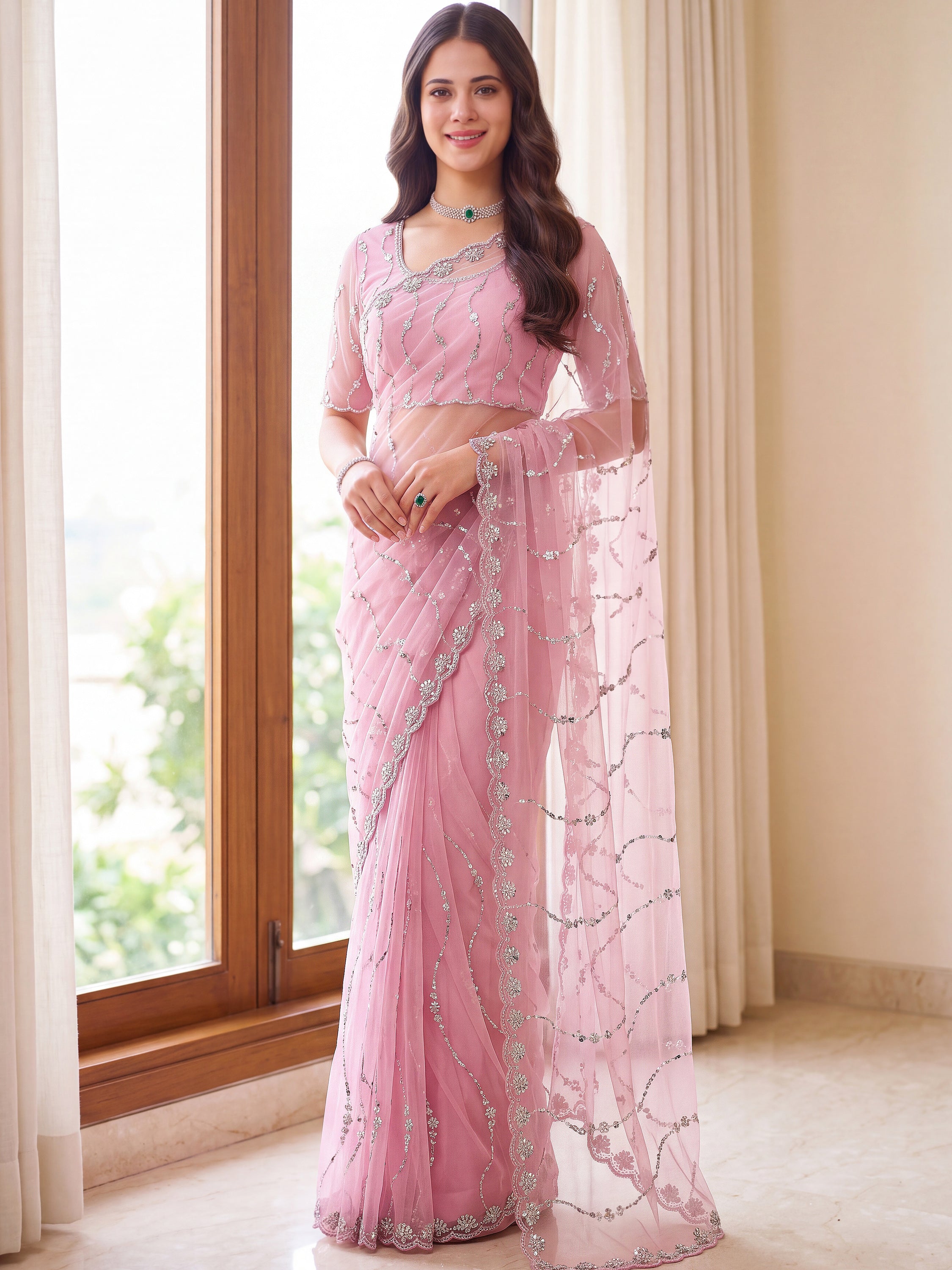Notable Pink Embroidered Net Engagement Wear Saree With Blouse