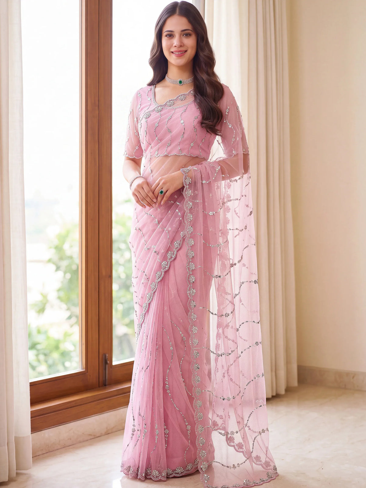 Notable Pink Embroidered Net Engagement Wear Saree With Blouse