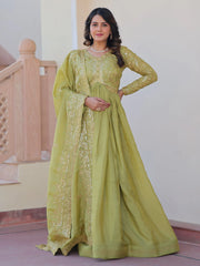 Tantalizing Pista Green Organza Mehendi Wear Gown With Dupatta