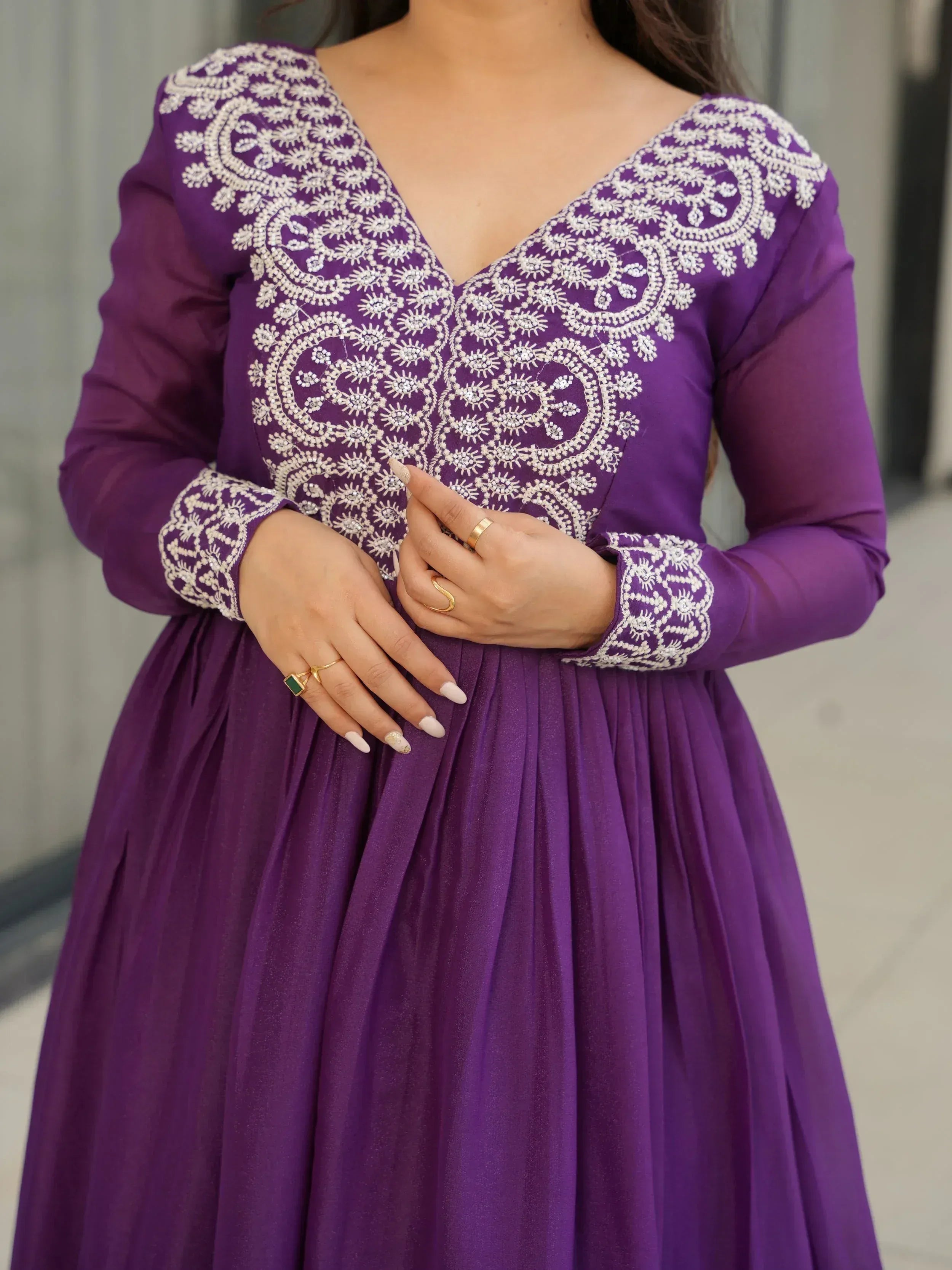 Purple ethnic gown with white embroidery, long sleeves, and V-neck design for women