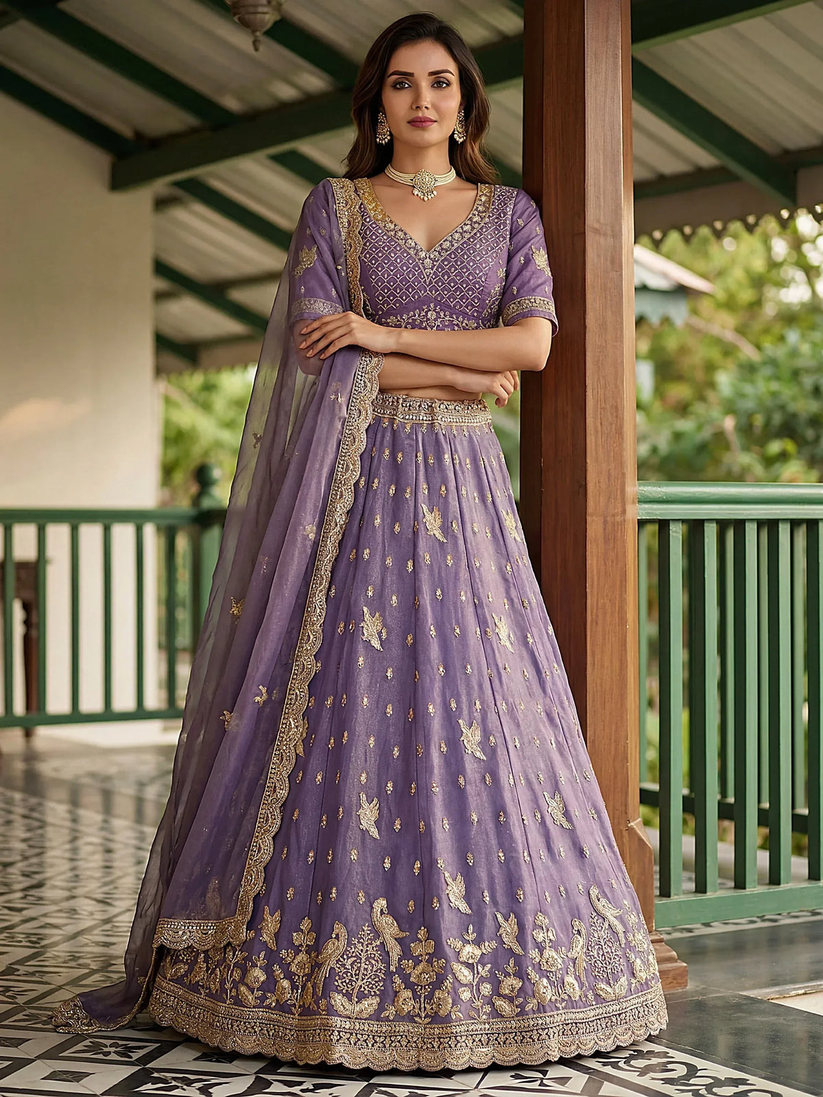 Woman wearing a purple designer lehenga choli with gold embroidery and a matching dupatta