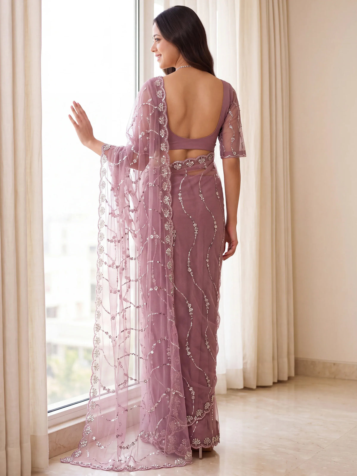 Amazing Mauve Bead Work Net Reception Wear Saree With Blouse