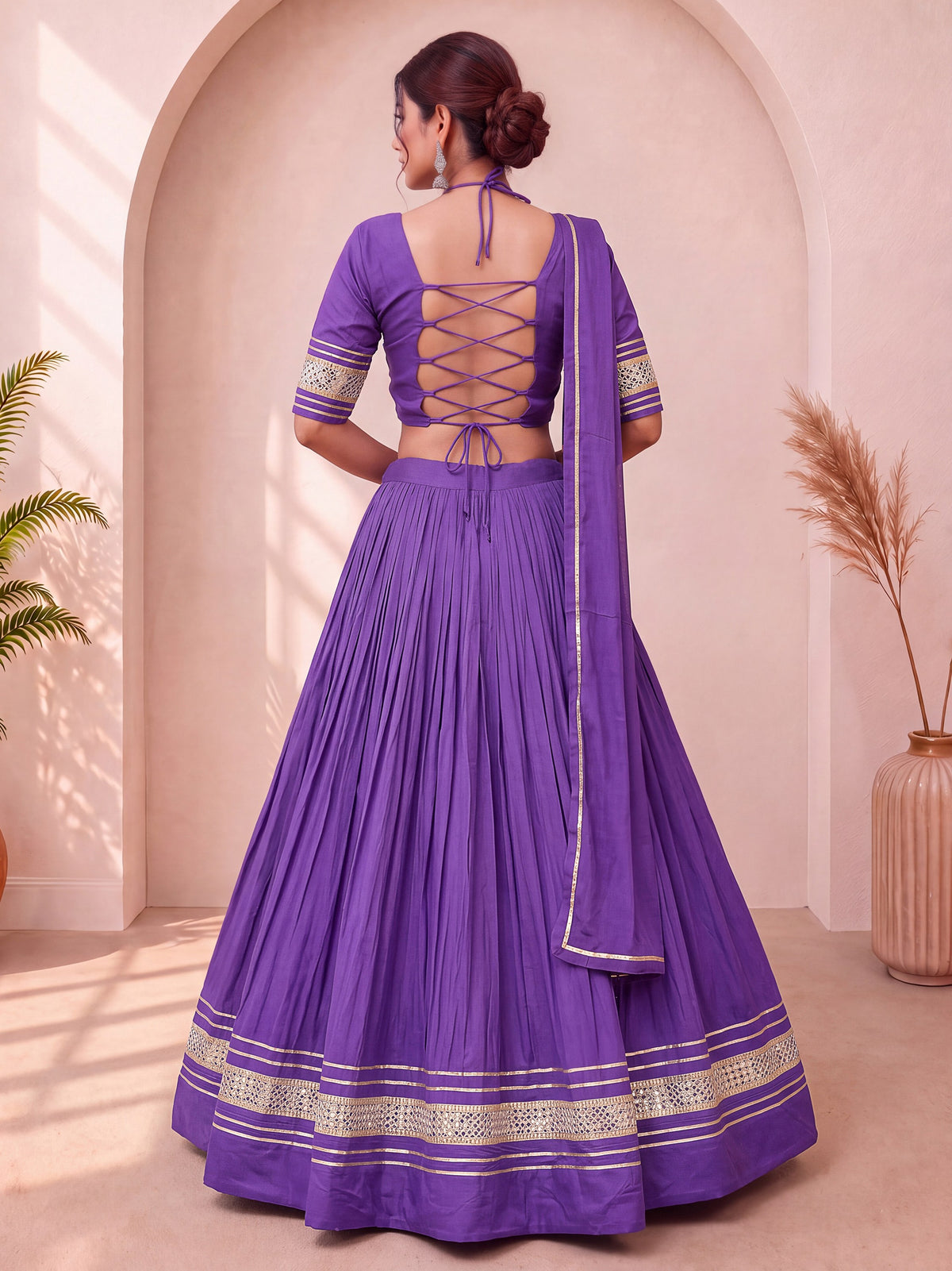 Wondrous Purple Mirror Laced Cotton Navratri Lehenga Choli With Dupatta