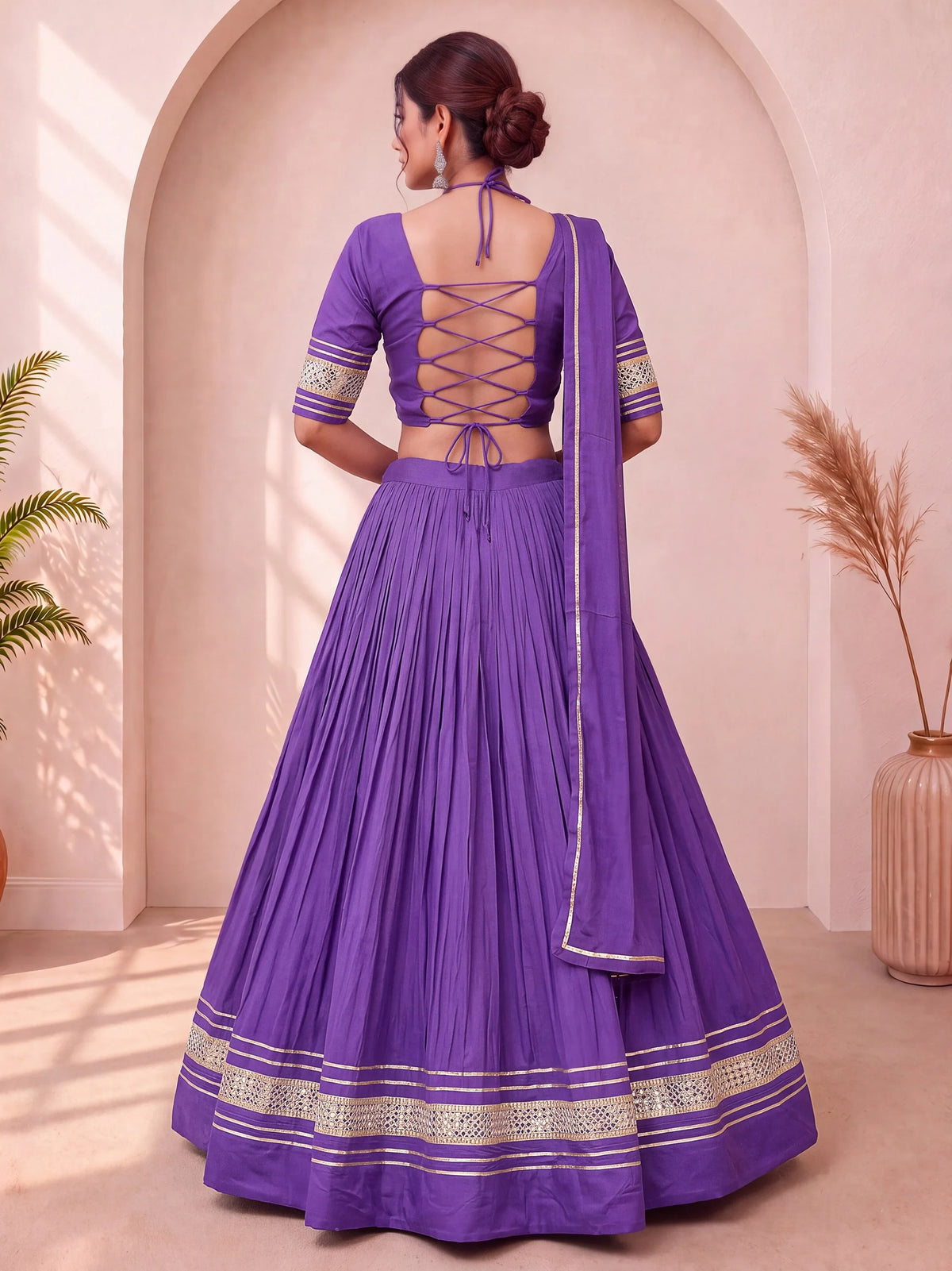 Wondrous Purple Mirror Laced Cotton Navratri Lehenga Choli With Dupatta