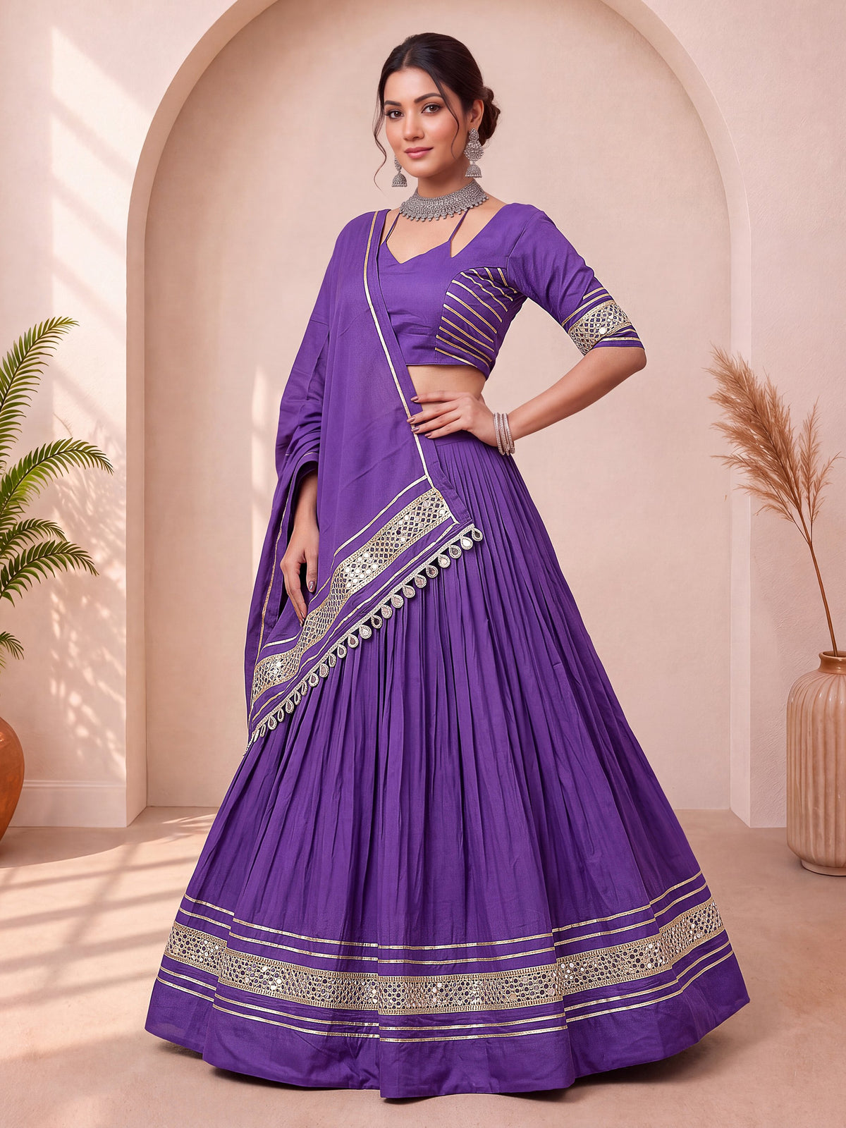 Wondrous Purple Mirror Laced Cotton Navratri Lehenga Choli With Dupatta