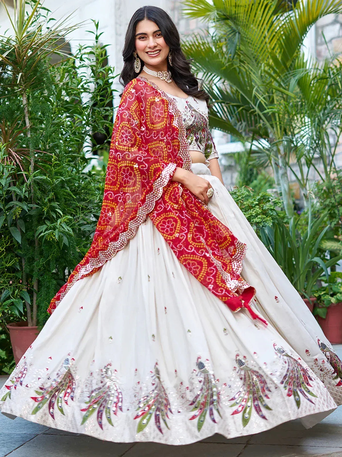 White lehenga choli with peacock embroidery and red dupatta, Indian ethnic wear for women