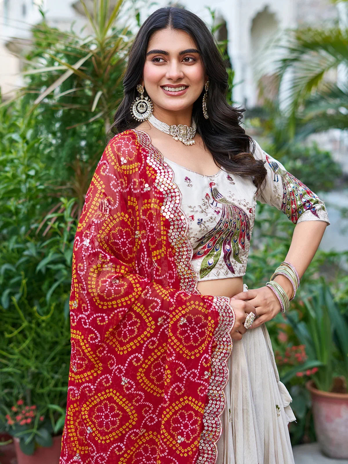 Capricious Off-White Sequins Tissue Silk Wedding Wear Lehenga Choli